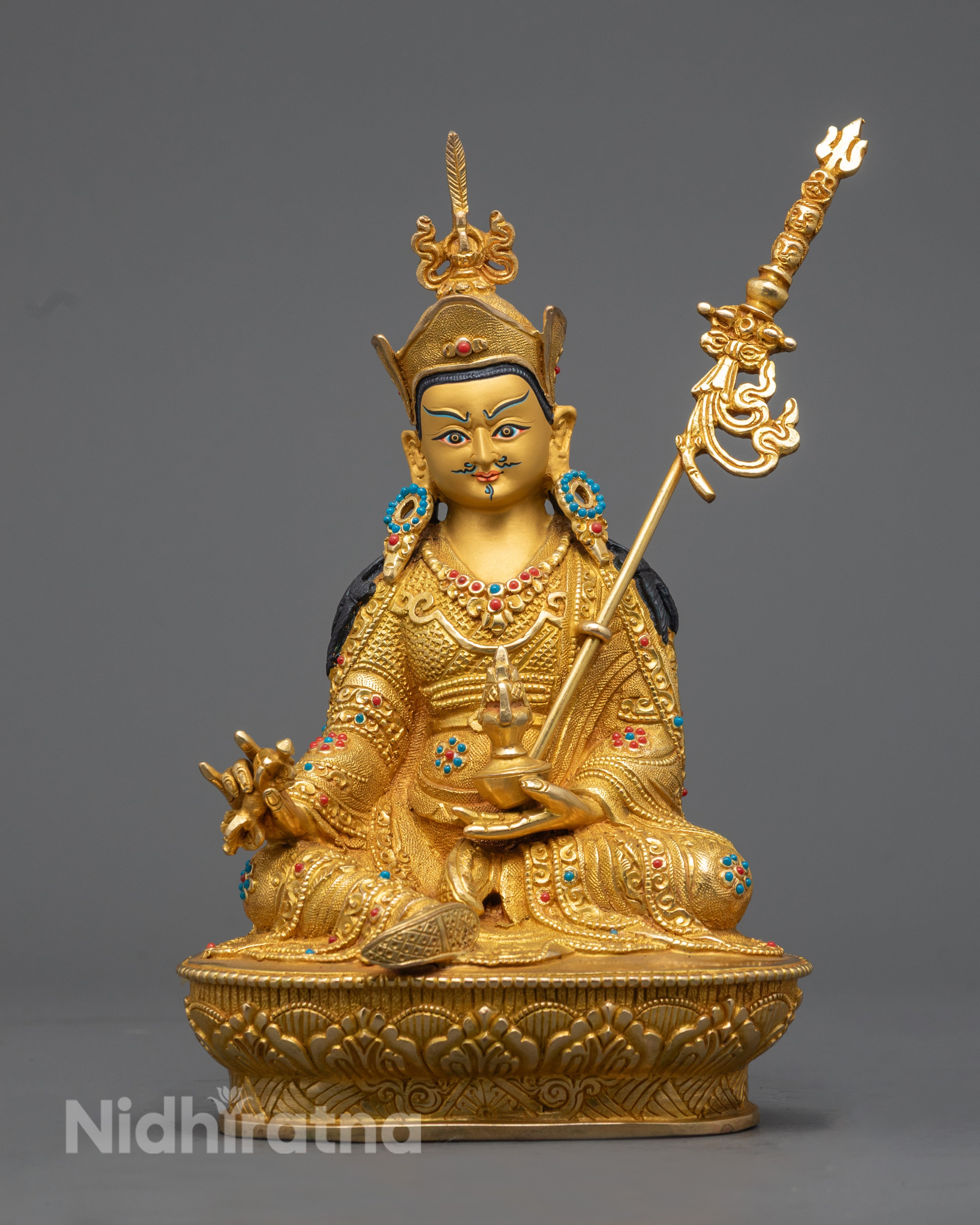 Handcrafted Guru Rinpoche Statue with 24K Gold Gilding and Traditional Tibetan Iconography