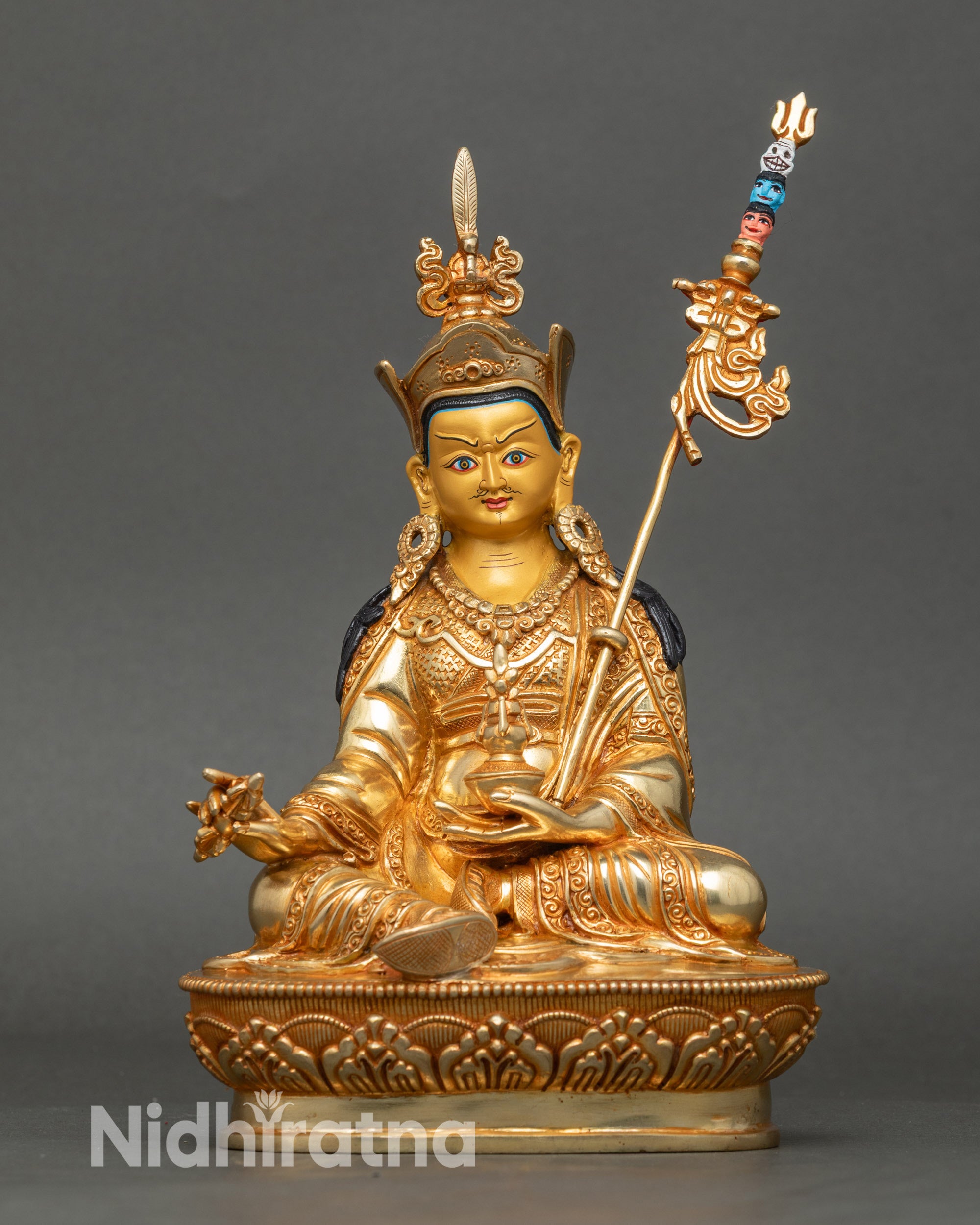 Handcrafted Guru Rinpoche statue from Patan, Nepal with 24K gold face