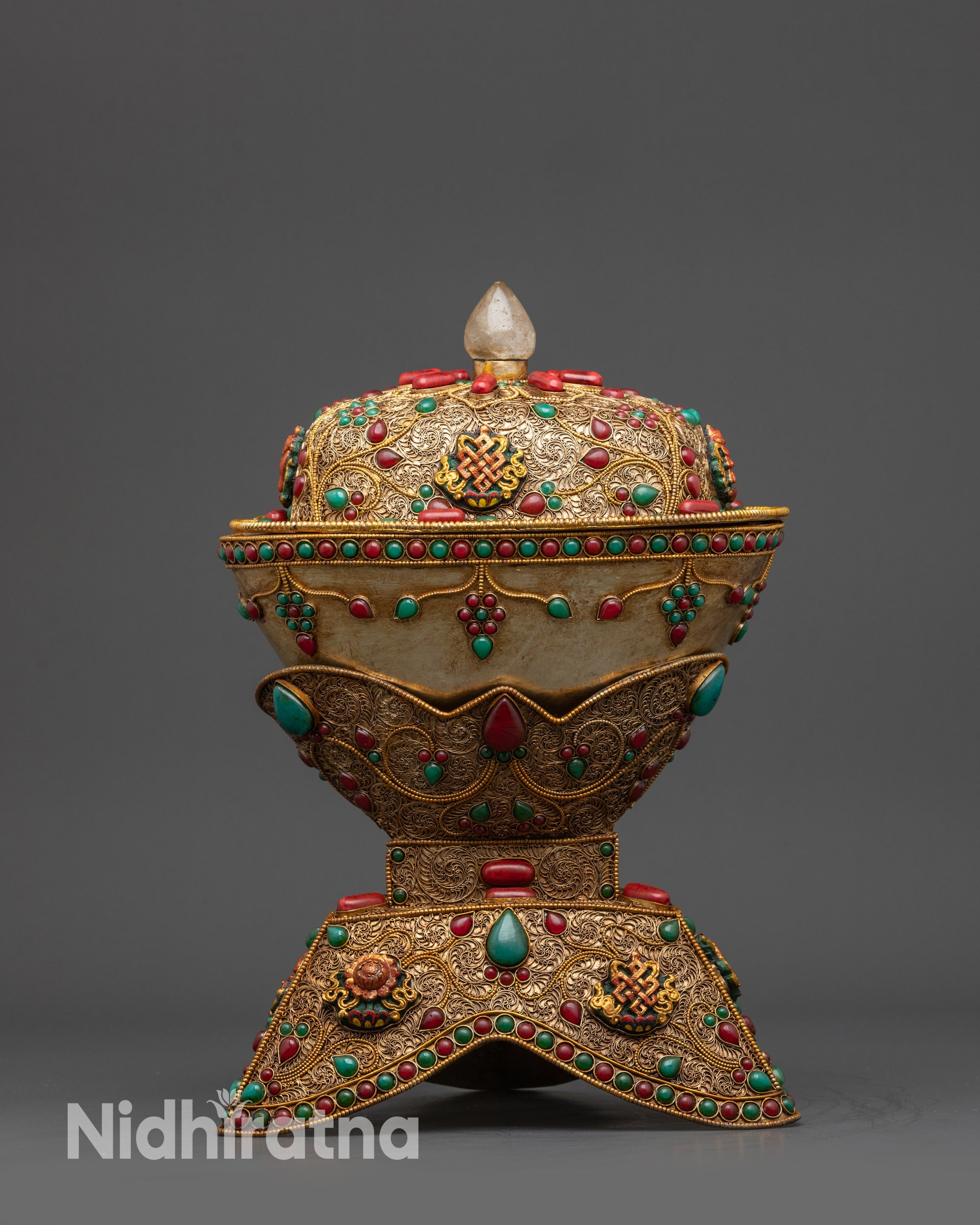 Handcrafted Himalayan Kapala Skull Cup with Semi-Precious Stone Inlays