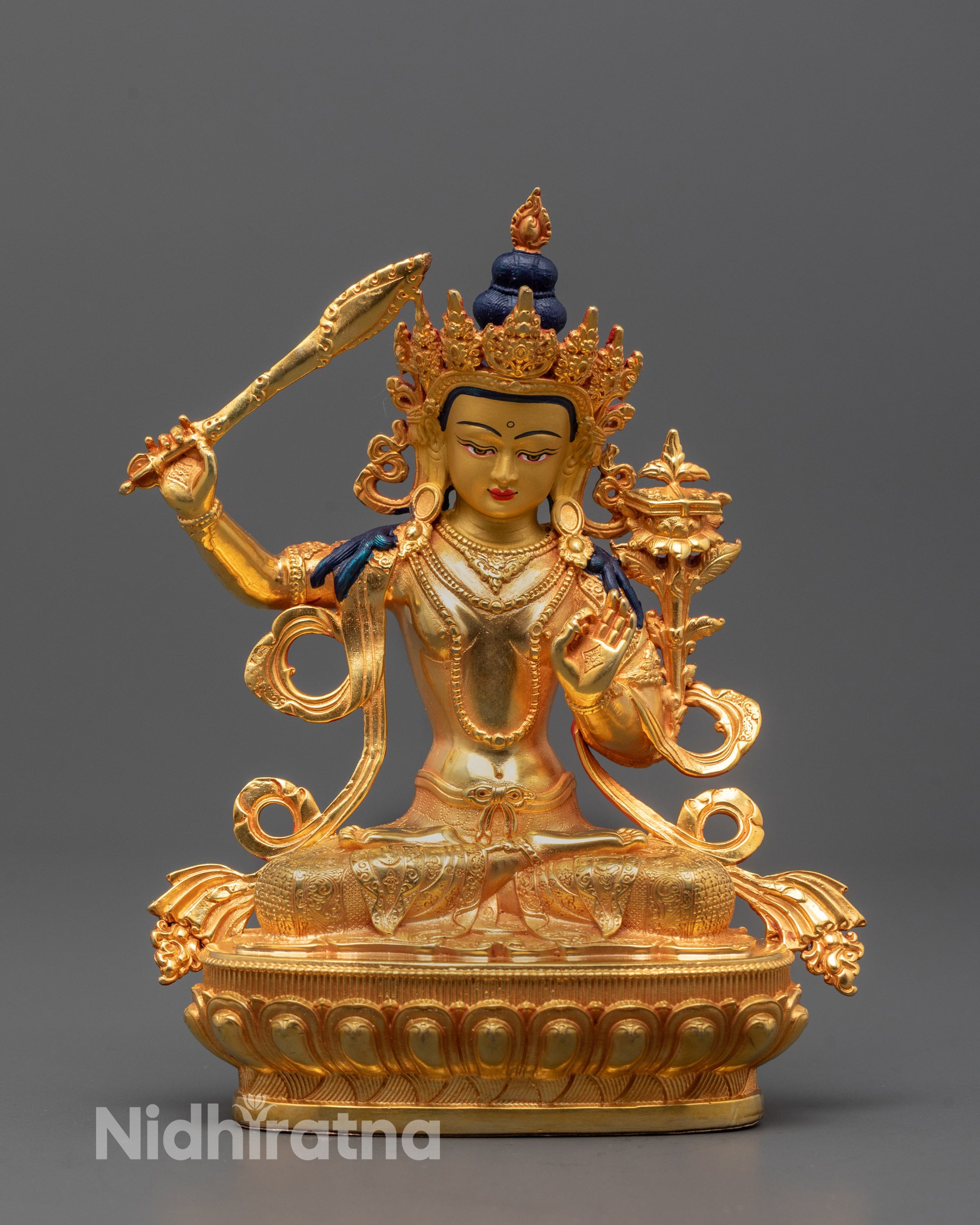 Handcrafted Machine-Made Manjushri Sculpture from Nepal showing Manjushri