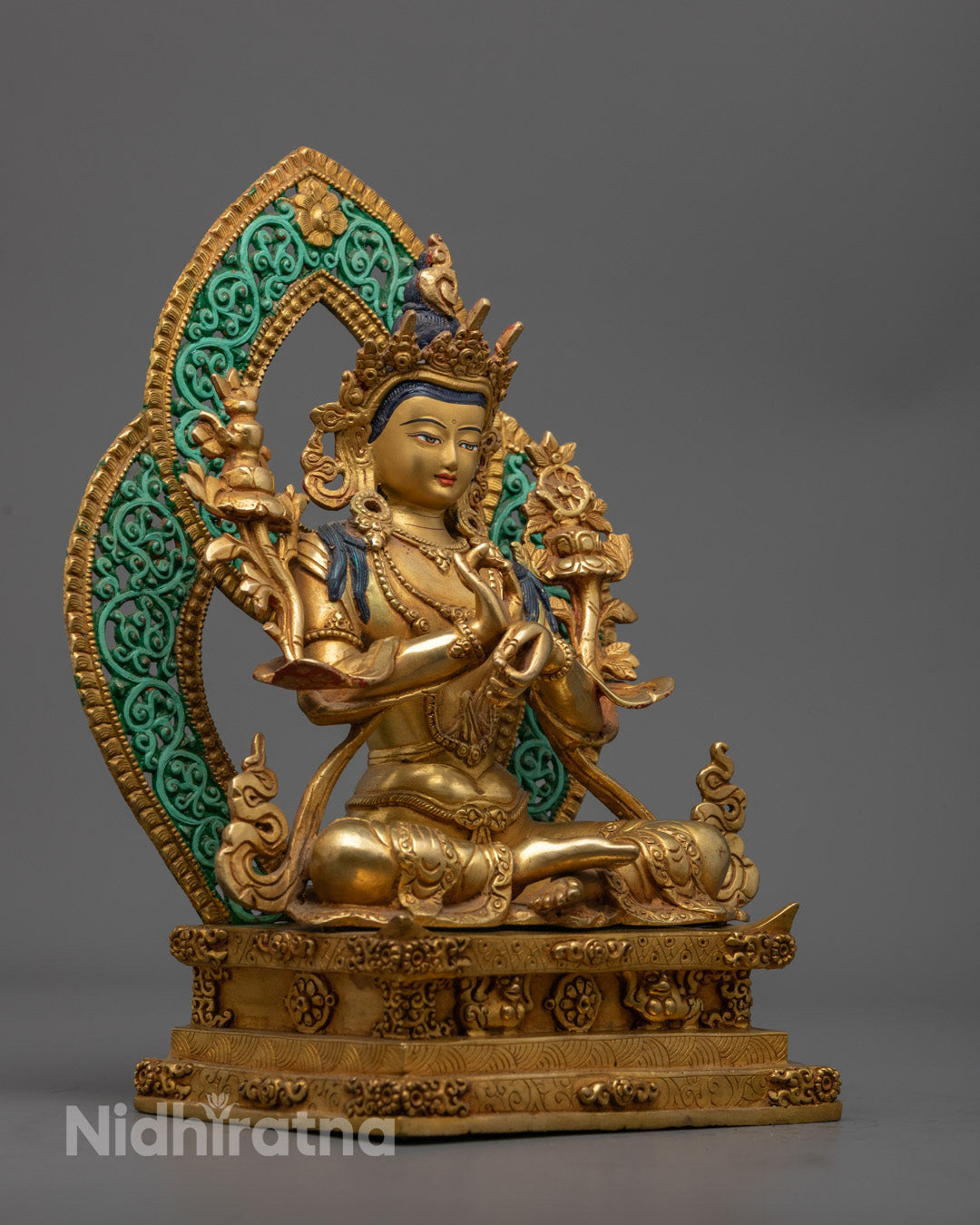 Handcrafted Maitreya Buddha sculpture seated gracefully on a lotus throne with hollow chamber for mantras and meditation