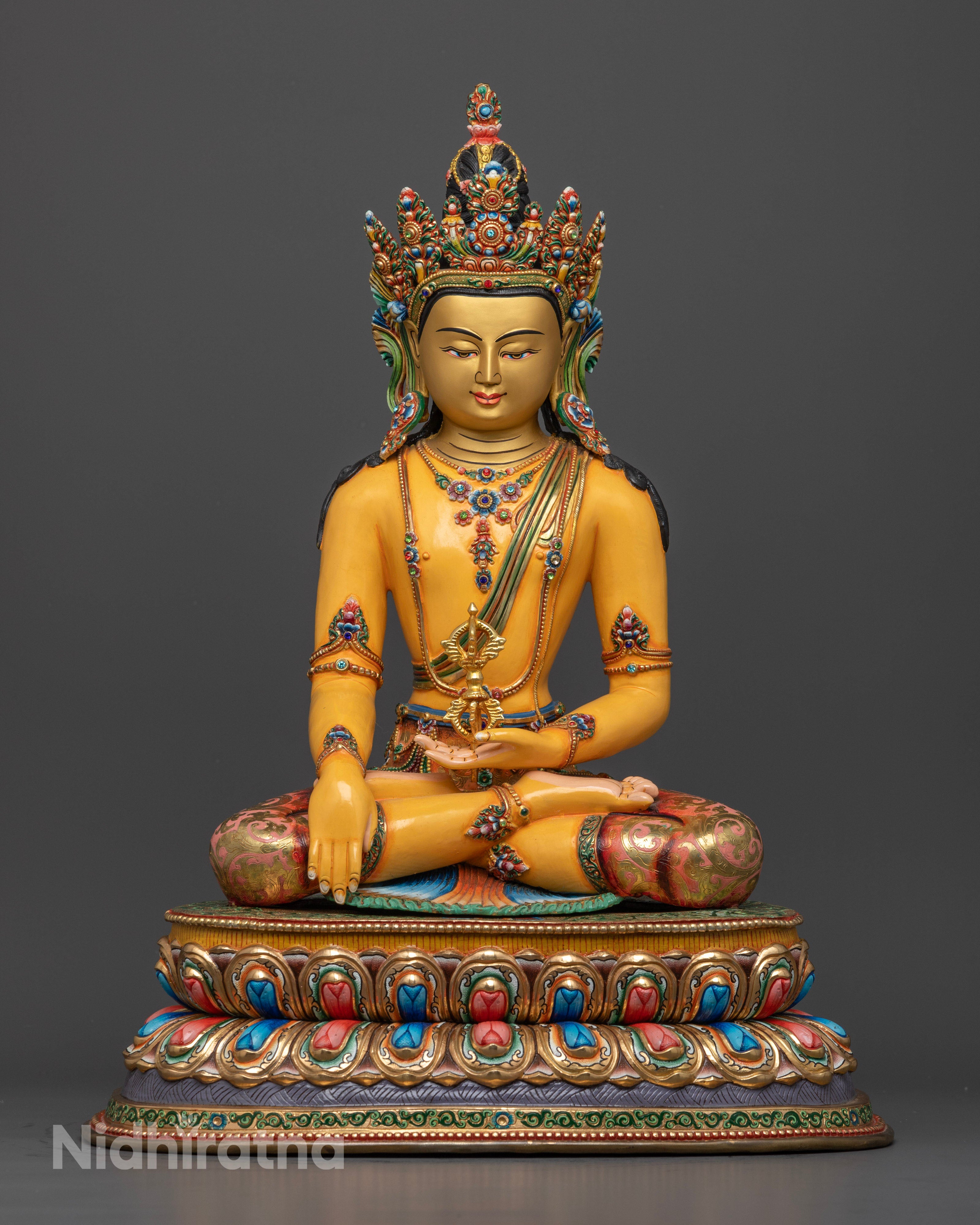 Handcrafted Mitrugpa statue from Patan, Nepal, made of premium-quality copper with a radiant 24k gold-plated face and vibrant acrylic decorations, standing 48cm tall.