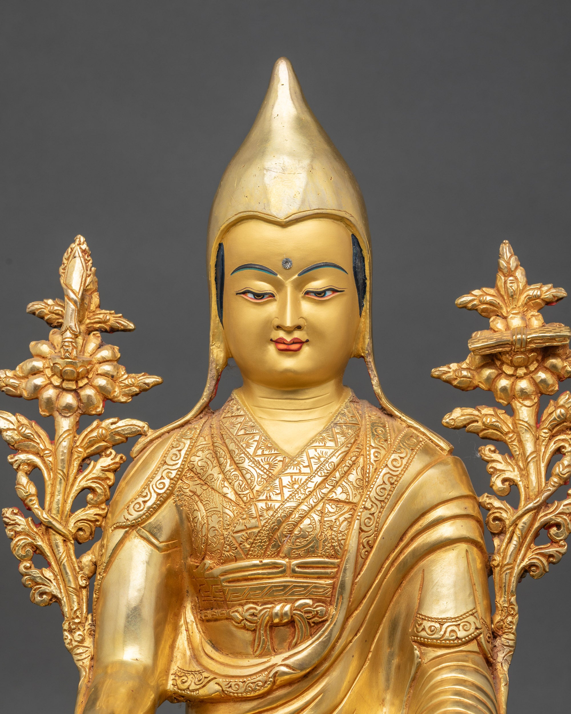 Handcrafted Nepalese Longchenpa figurine with pandita hat and lotus seat for spiritual devotion