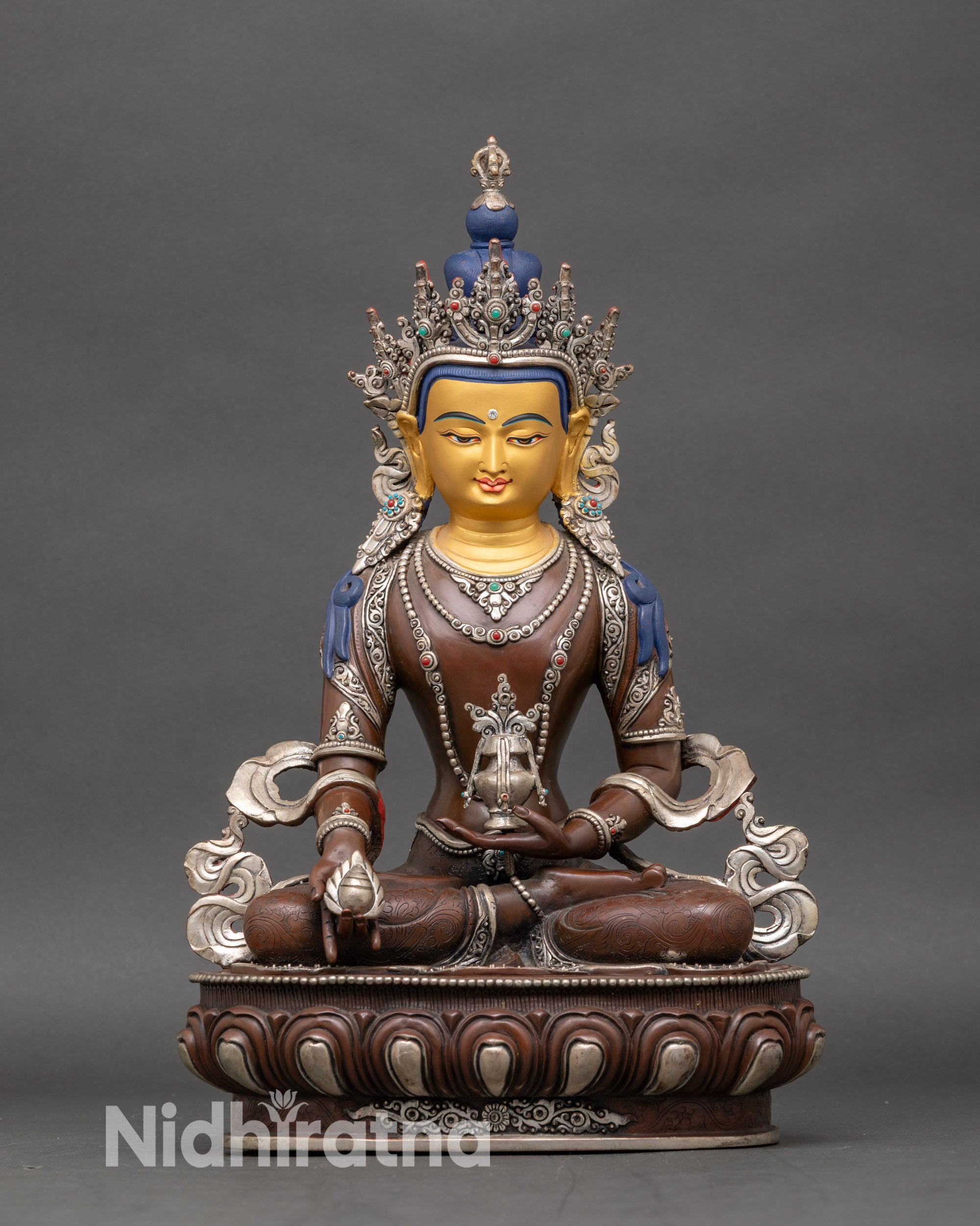 Handcrafted Oxidized Kshitigarbha statue full front view, Nepalese Buddhist art