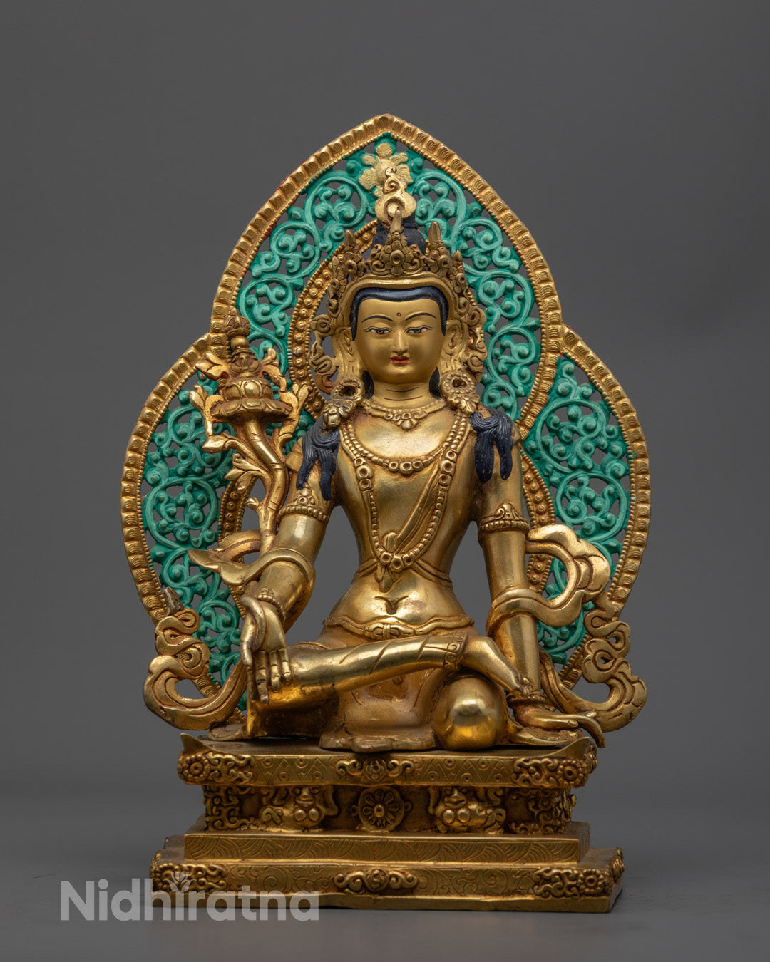 Handcrafted Prajna Paramita Statue with 24k gold-gilded face, utpala flower, and intricate crown and robe detailing – symbol of Buddhist wisdom and compassion.