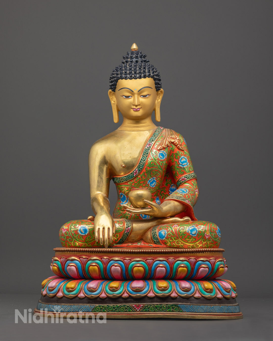 Handcrafted Shakyamuni Buddha Statue seated on lotus throne, made from copper with 24k gold fire gilding – symbol of enlightenment and peace