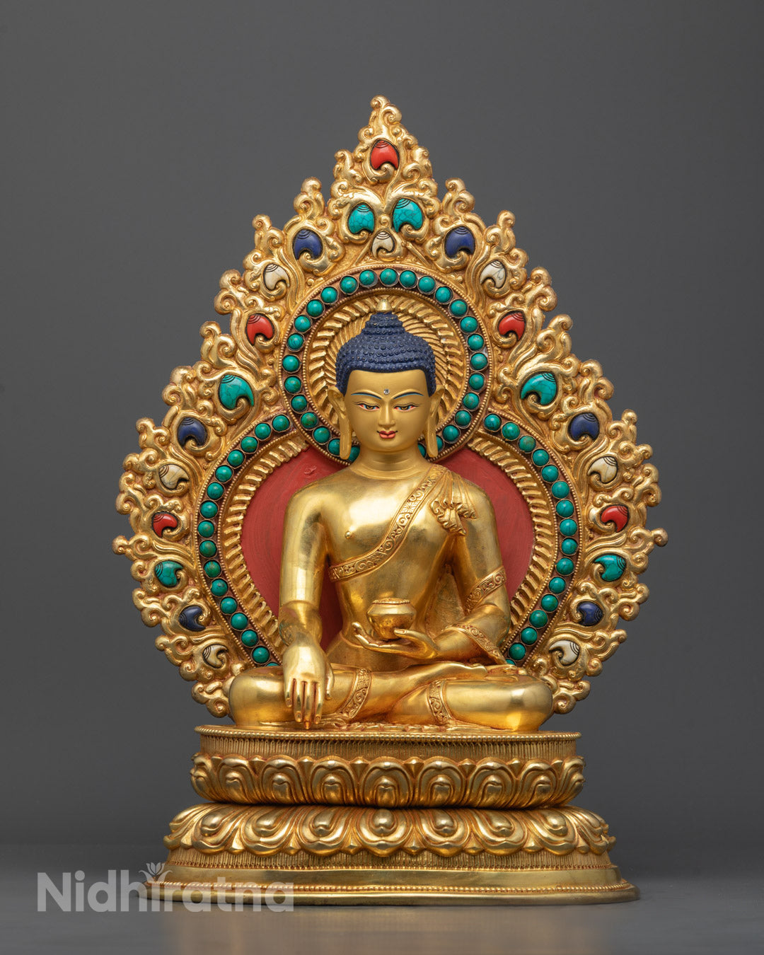 Handcrafted Shakyamuni Buddha Statue seated on lotus base with 24k gold-gilded face