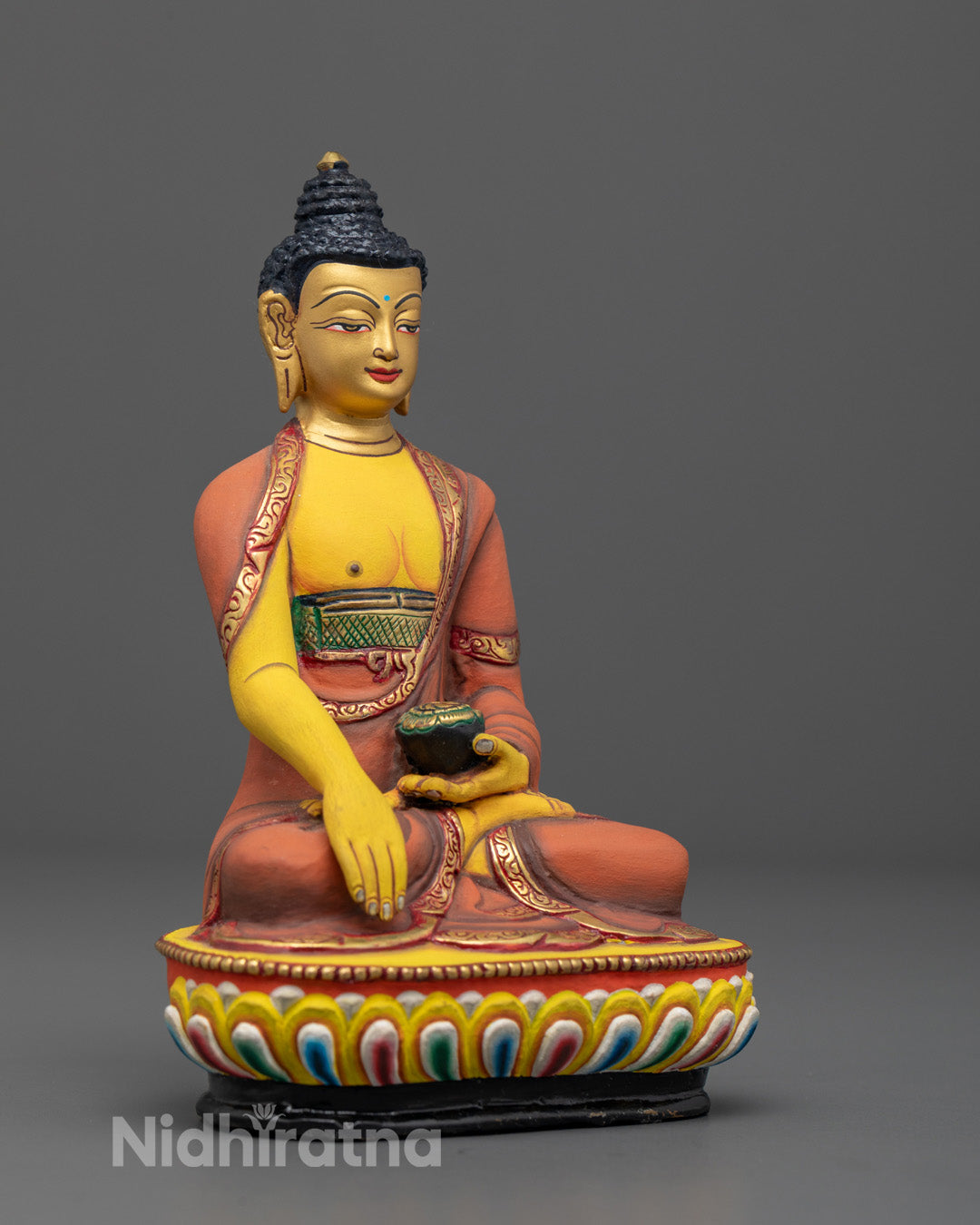 Handcrafted Shakyamuni Buddha statue made using traditional lost wax method featuring detailed robe carvings