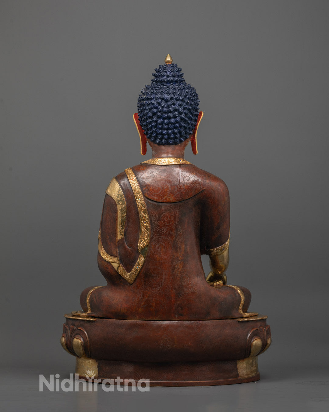 Handcrafted Shakyamuni Buddha statue seated on lotus throne with fine traditional Buddhist details