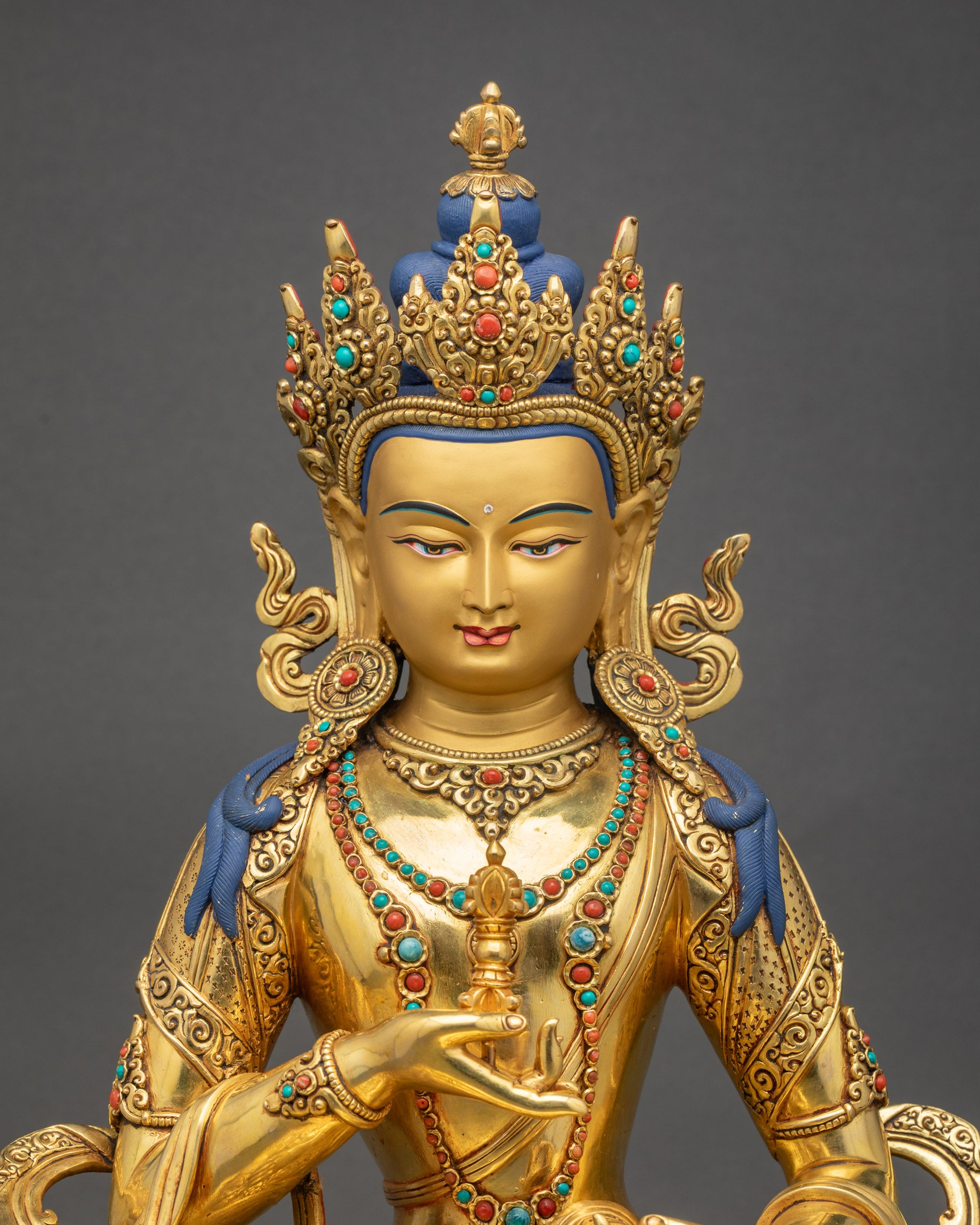 Handcrafted Vajrasattva sculpture gold gilded face with semi precious stones