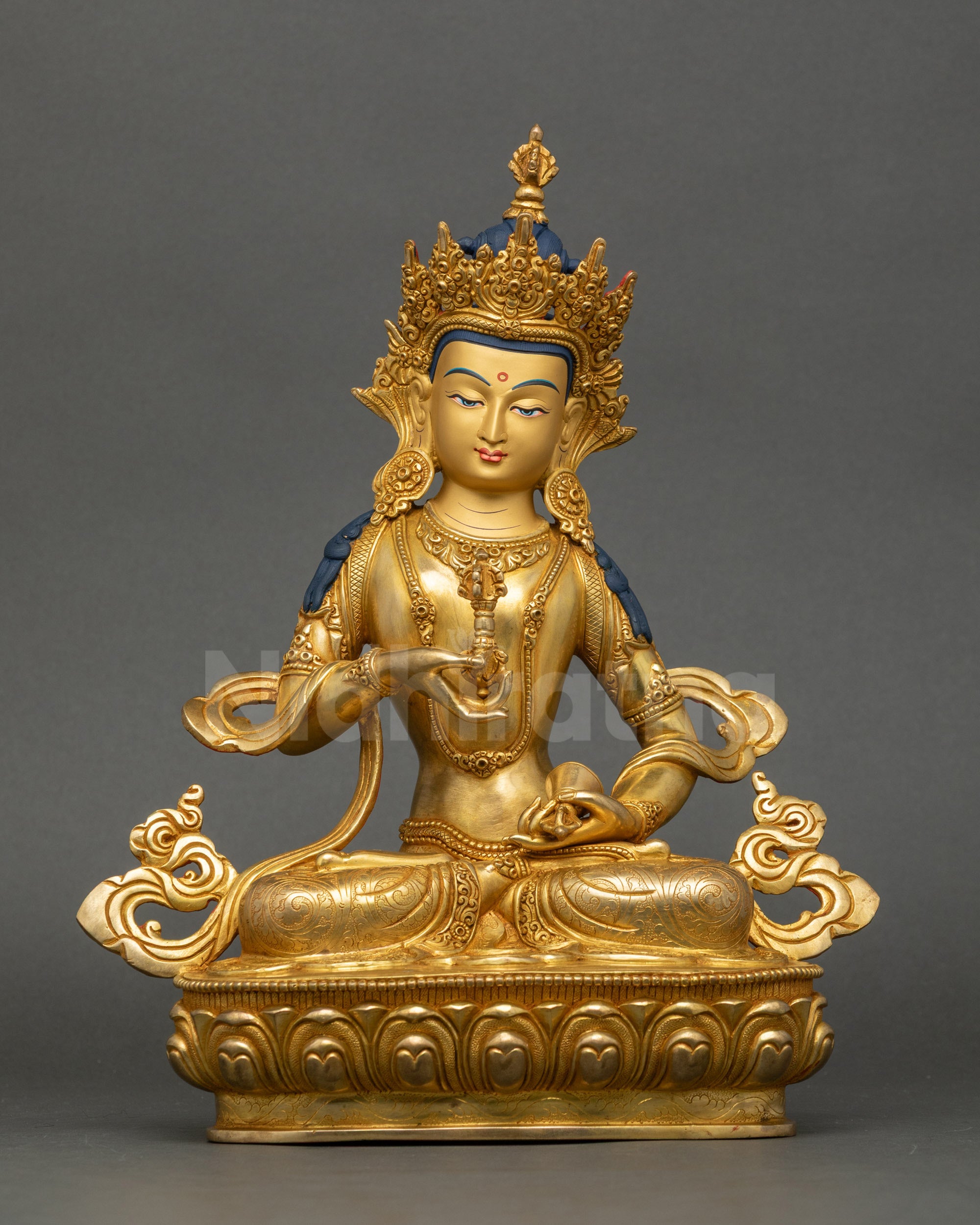 Handcrafted Vajrasattva statue with gold painted face on lotus throne