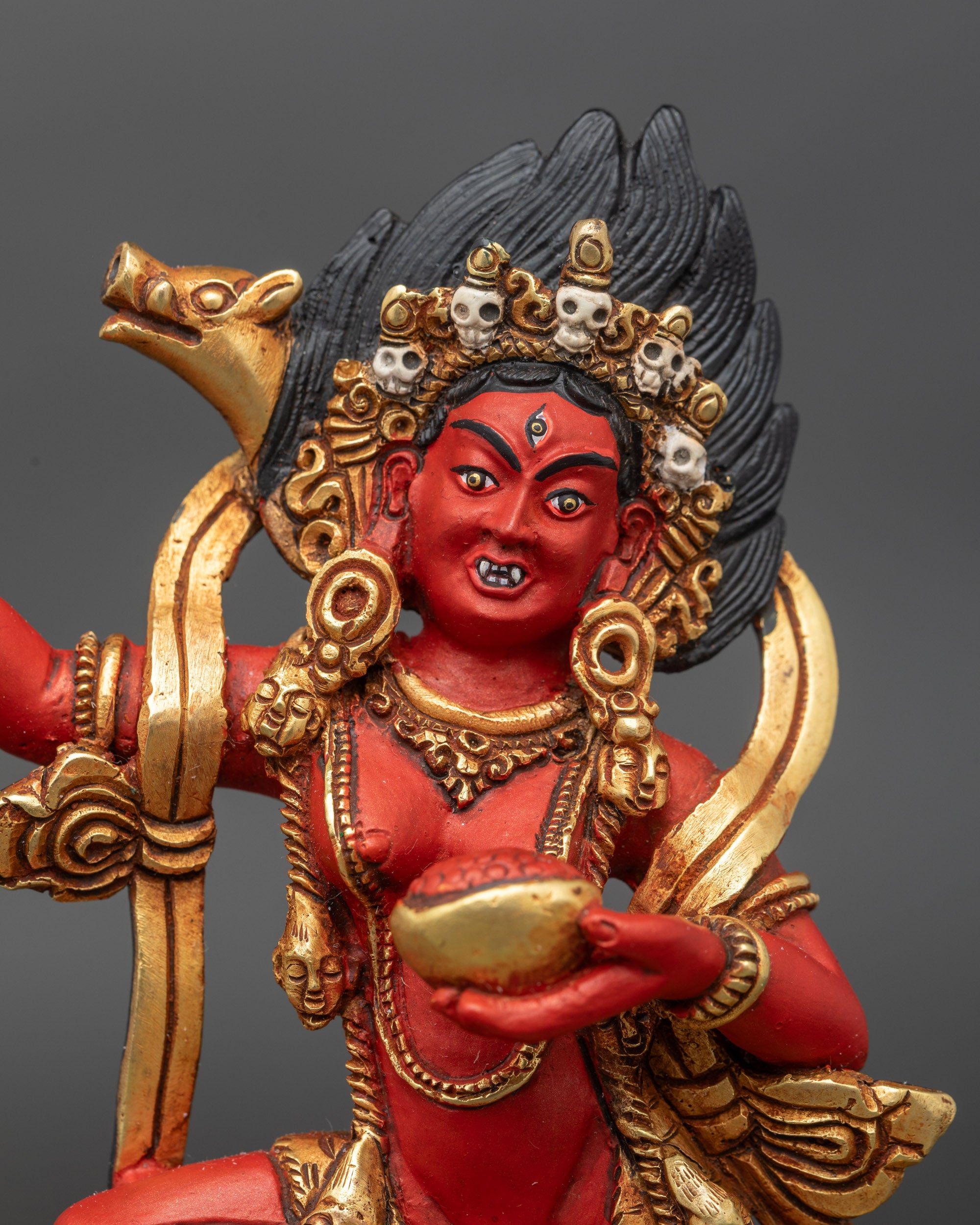 Handcrafted Vajravarahi Statue Close Up Gold-Gilded Copper with Acrylic Colors