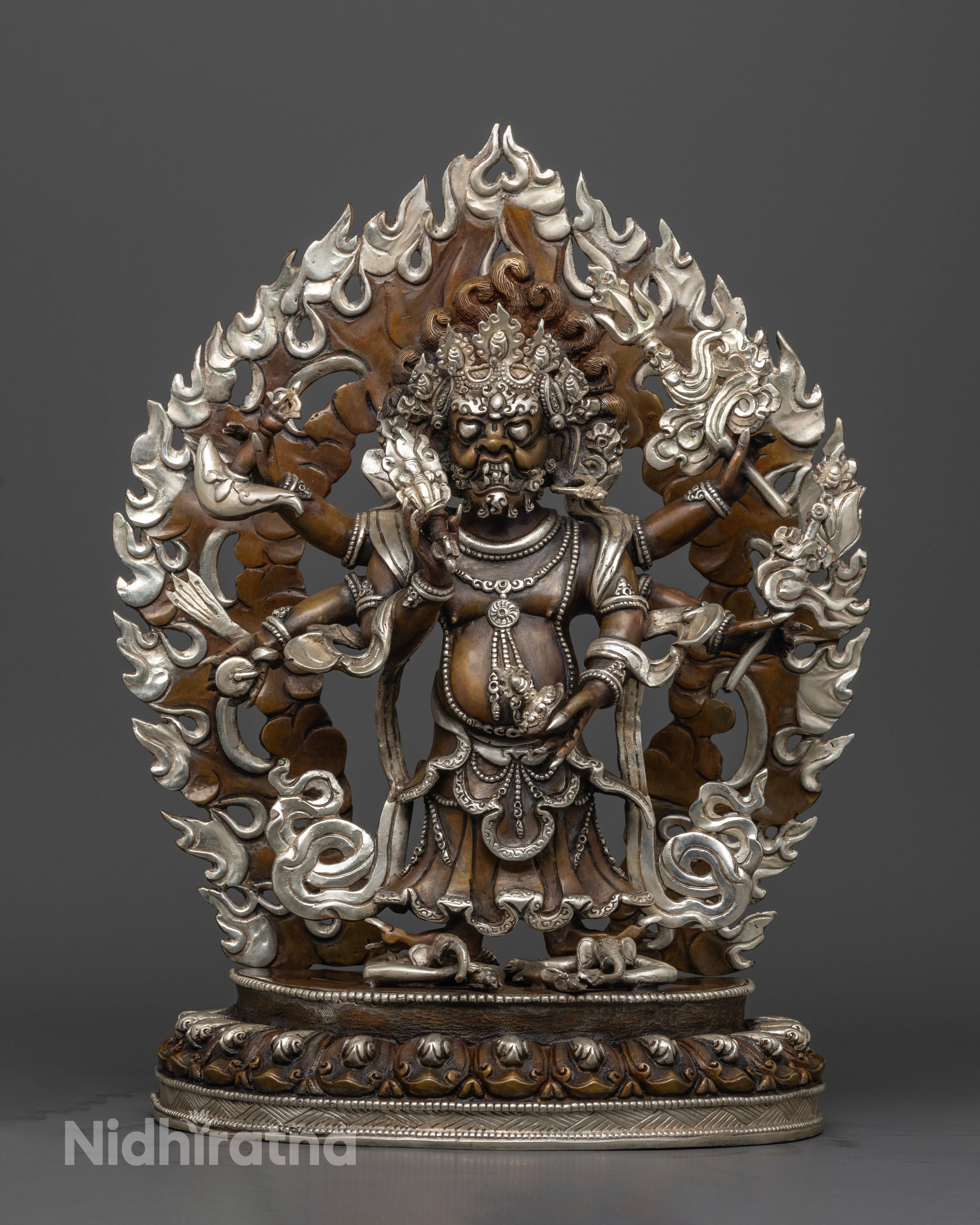 Handcrafted White Mahakala statue from Patan, Nepal, made of high-quality copper with a silver coating and vibrant acrylic colors, standing 35cm tall and 27cm wide.