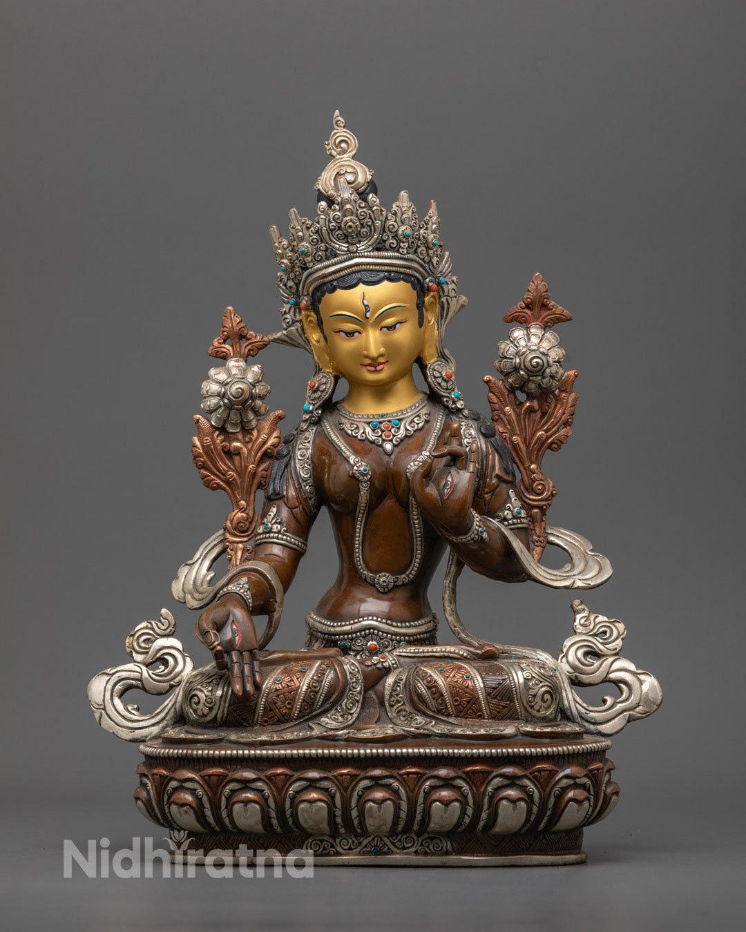 Handcrafted White Tara Statue – Oxidized copper sculpture with 24k gold-coated face and silver finishing, featuring a hollow chamber for mantra fillings.