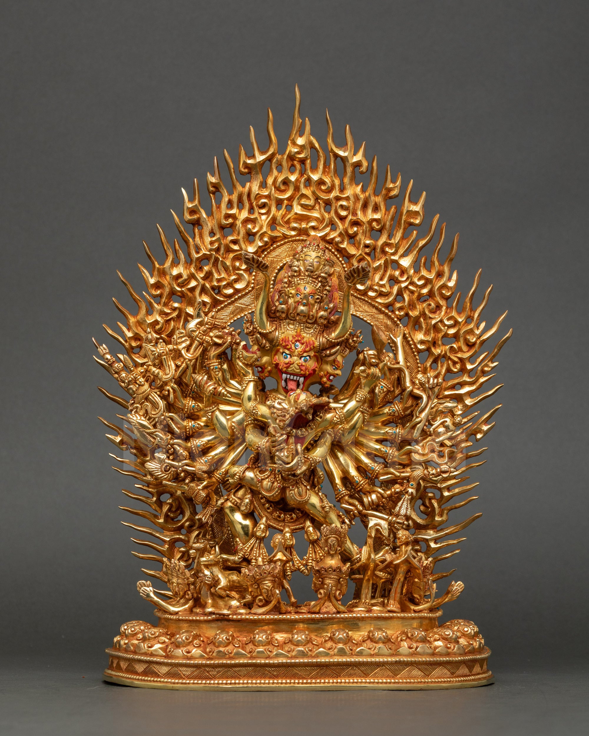 Handcrafted Yamantaka with Consort Statue showing 16 arms, 9 faces, and 24K gold fire-gilding