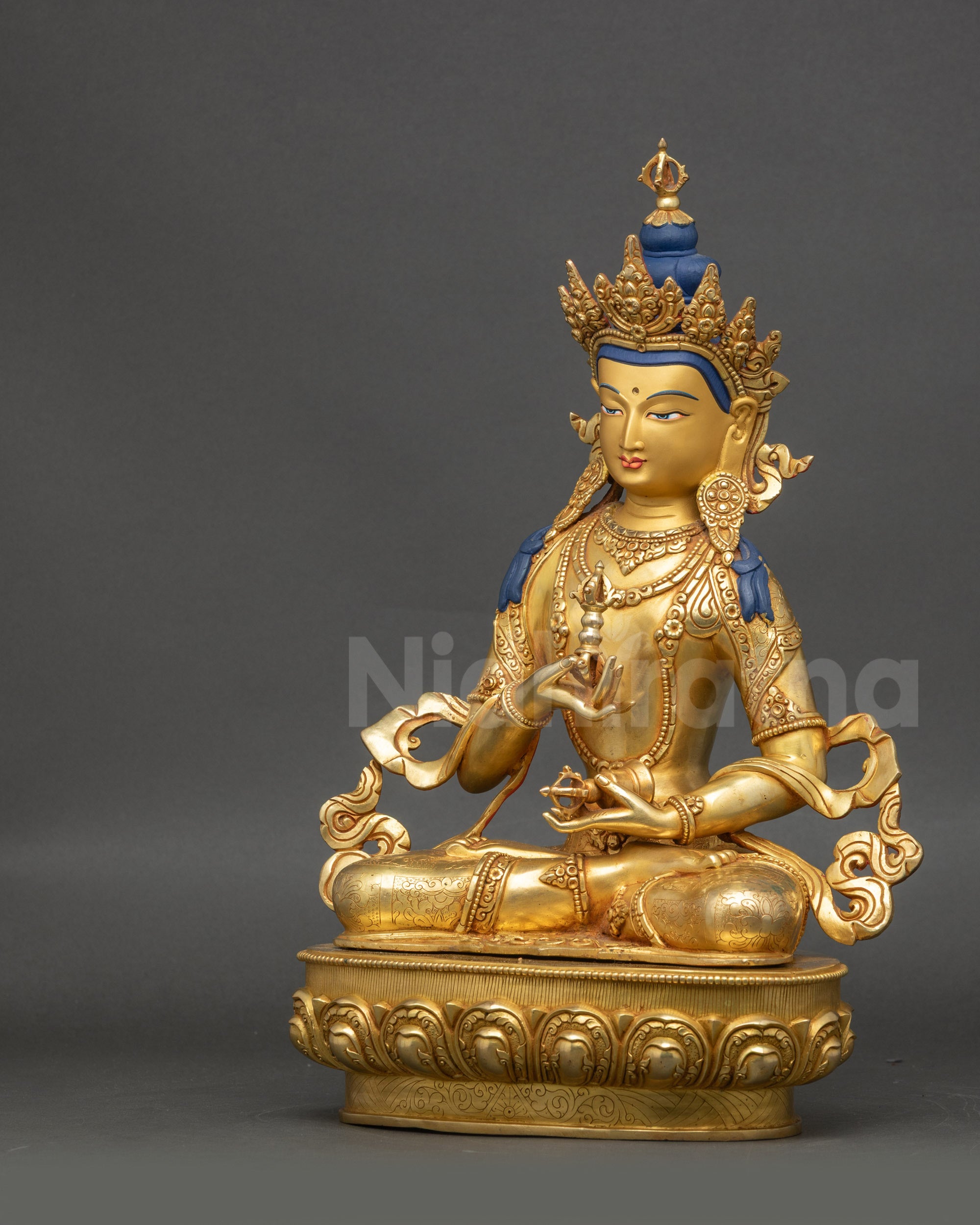 Handmade Dorje Sempa Statue detailed side close up face holding vajra and bell