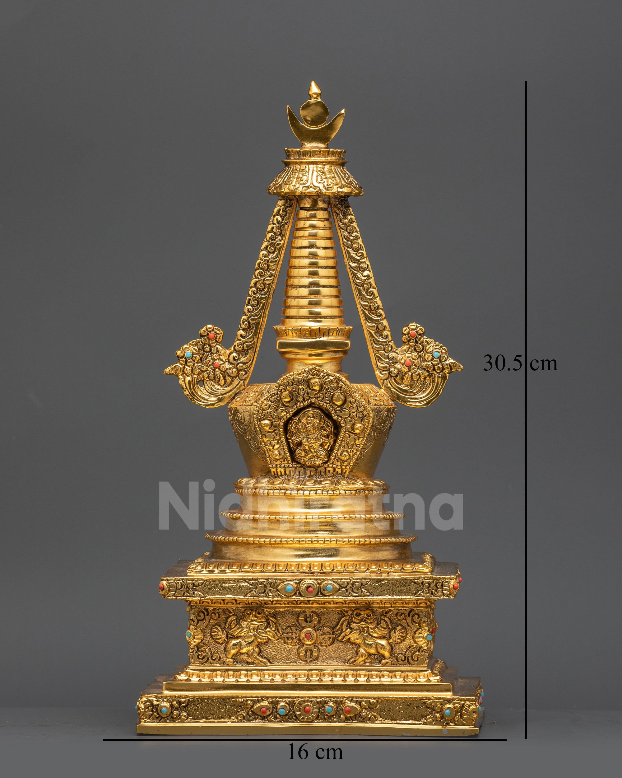 Handmade Gold Fire-gilded Namgyal Victory Stupa with semi-precious stones, front view