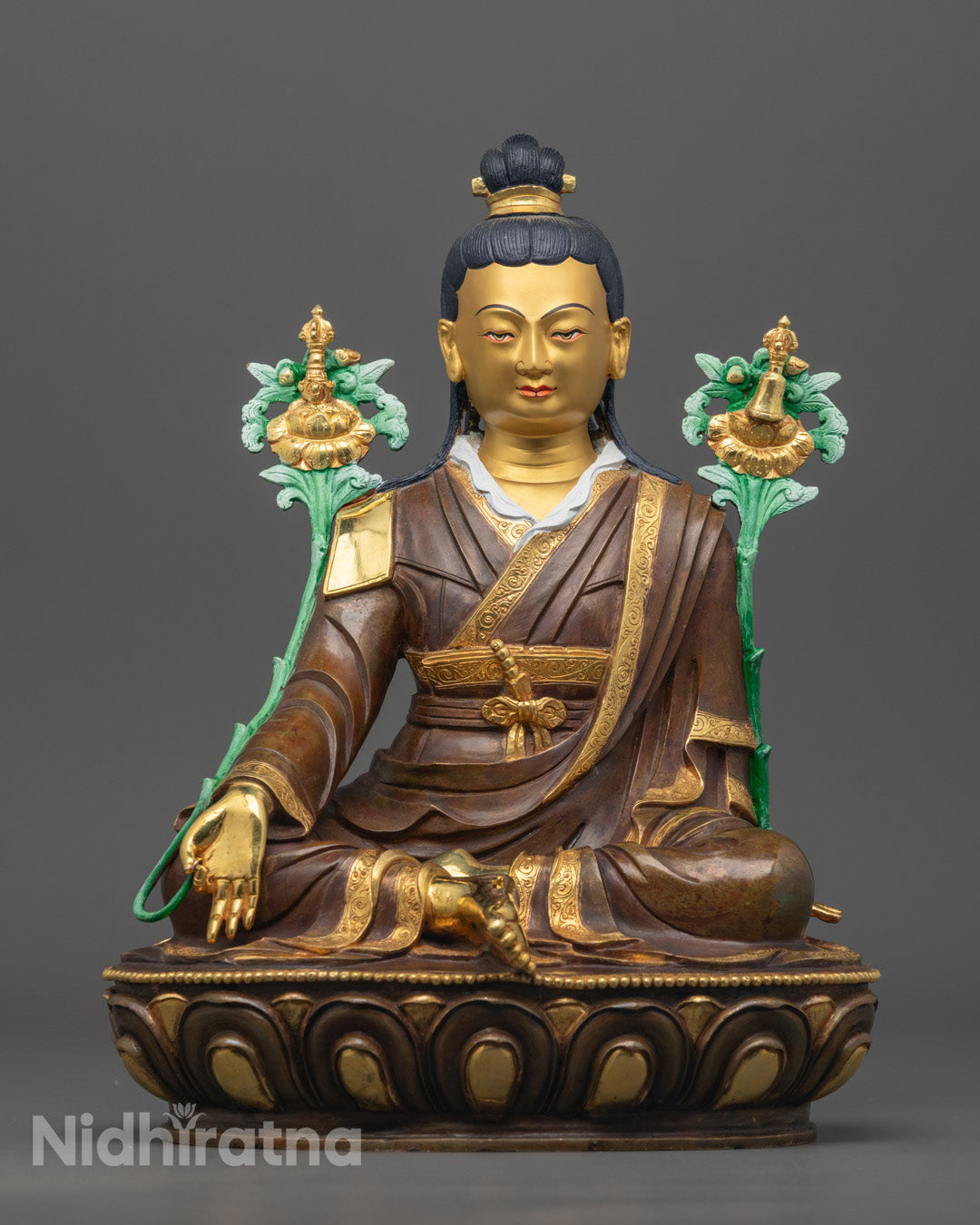 Handmade Jigme Lingpa statue with 24K gold-gilded face and fire-gilded body, seated on a lotus throne, crafted using the lost wax method.