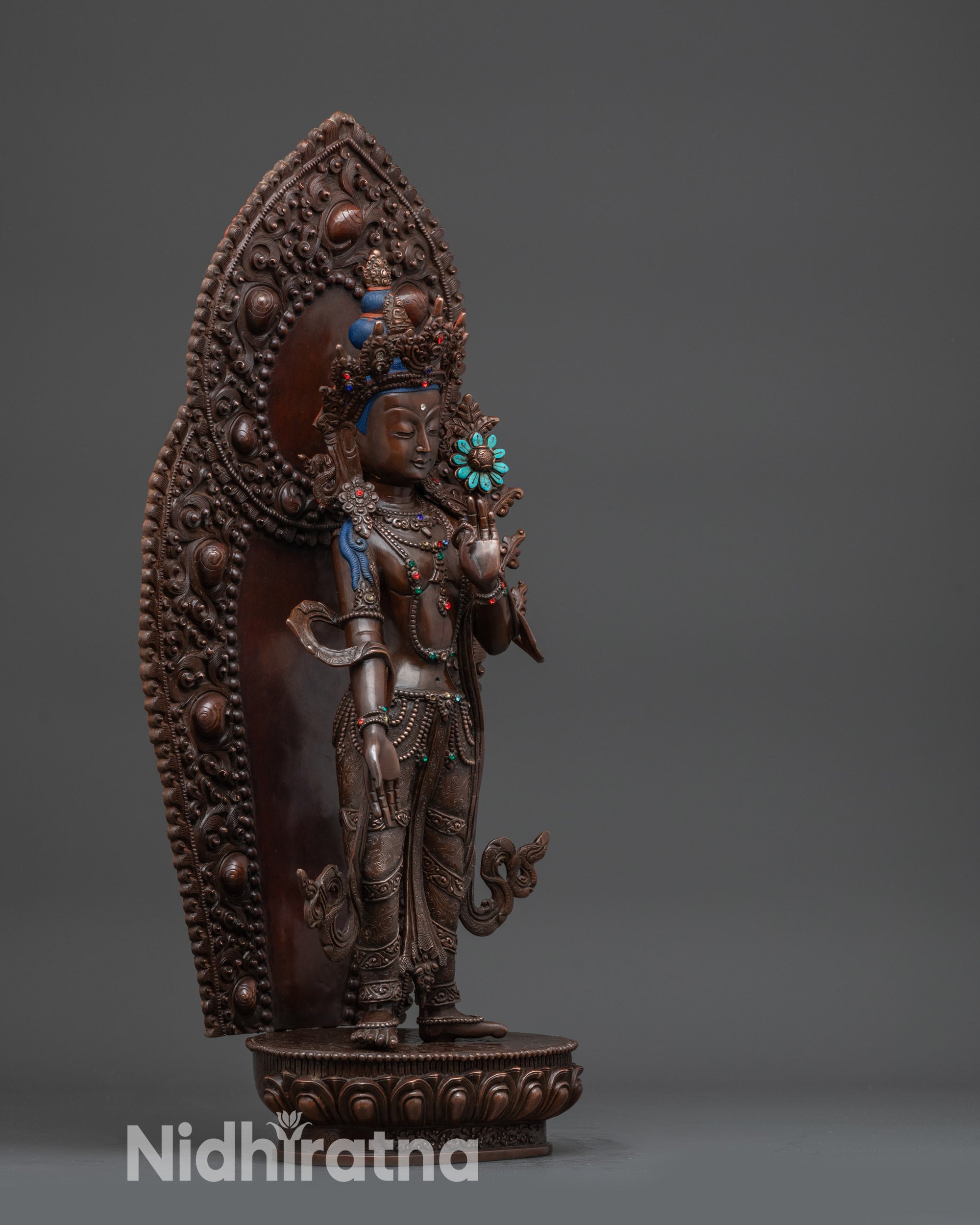 Handmade Standing Avalokiteshvara statue dark finish lotus seat halo Nepali Buddhist art