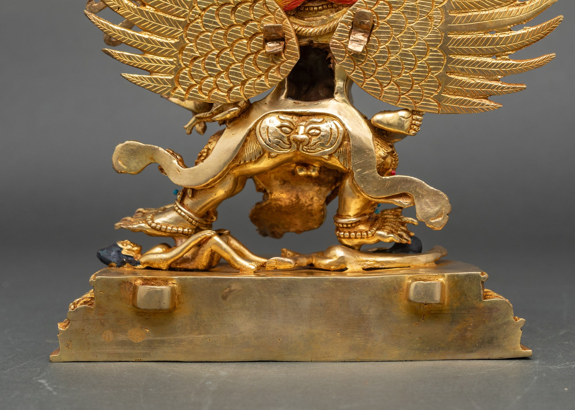 Hayagriva statue on lotus seat with spread wings, cursing two deities, Nepalese artwork