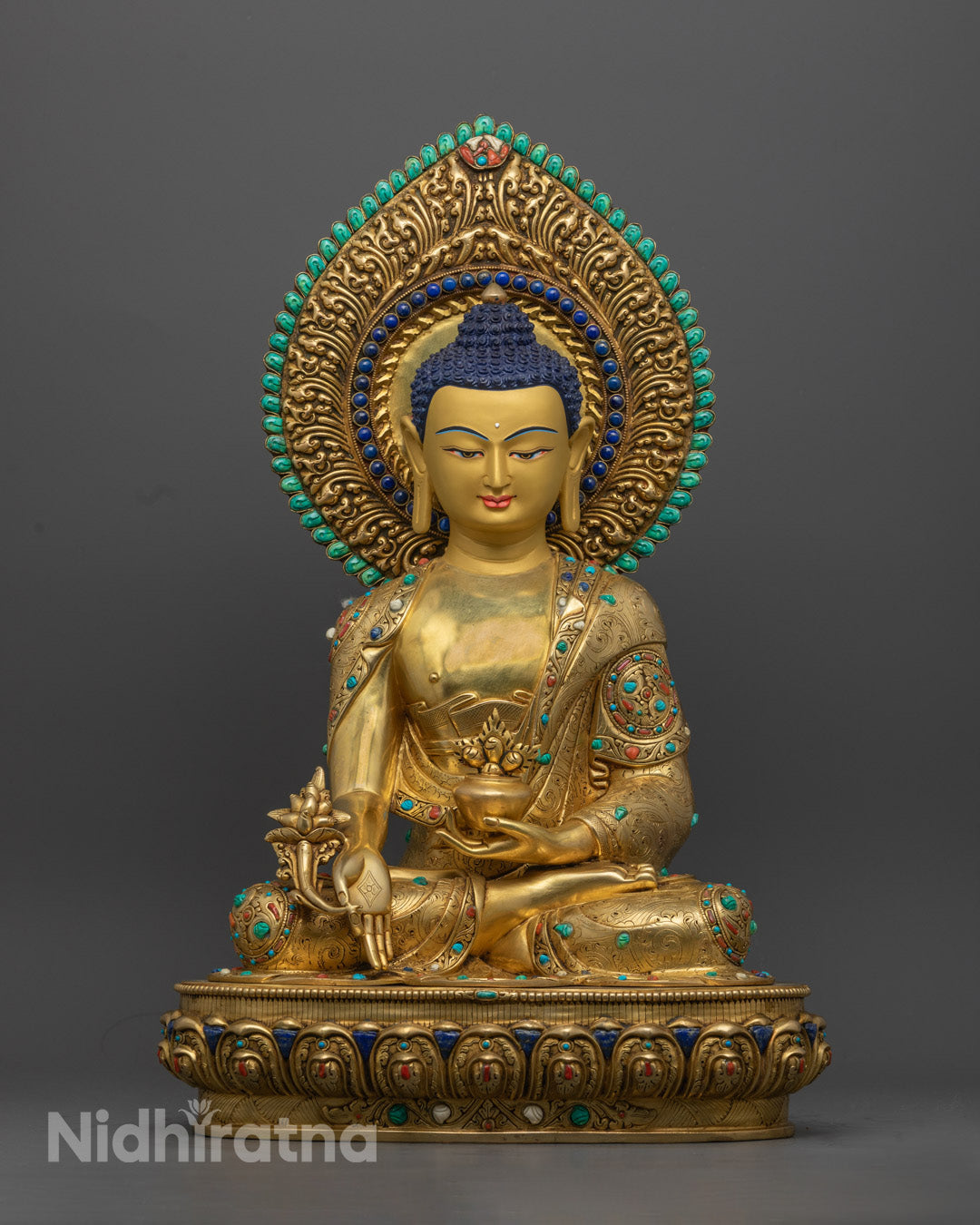 Healing Medicine Buddha Statue in 24k Gold Gilded Copper