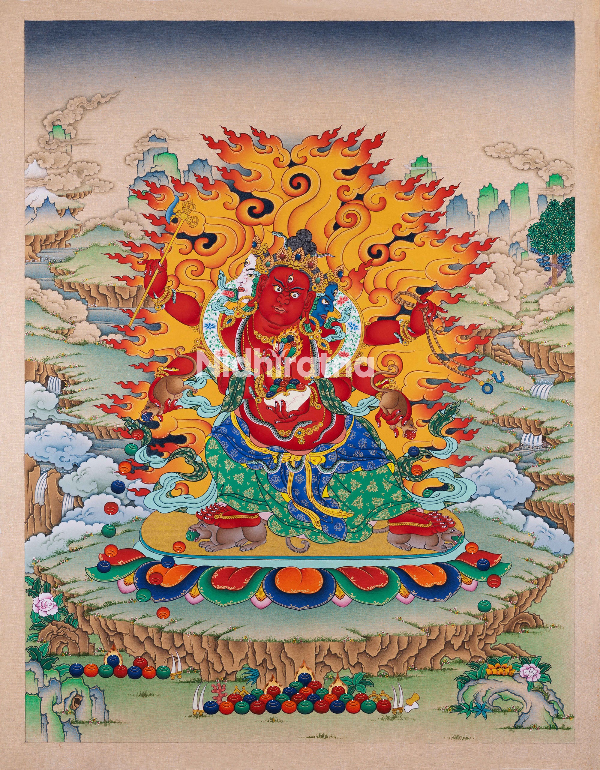 High-quality Red Dzambhala Thangka print on giclée cotton canvas