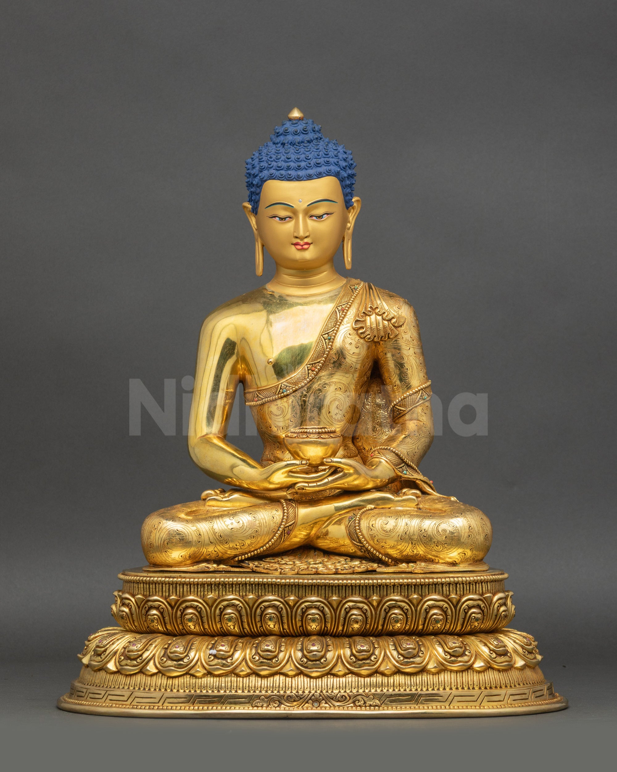 Himalayan Amitabha Buddha statue front view with gold-gilded copper and lotus seat