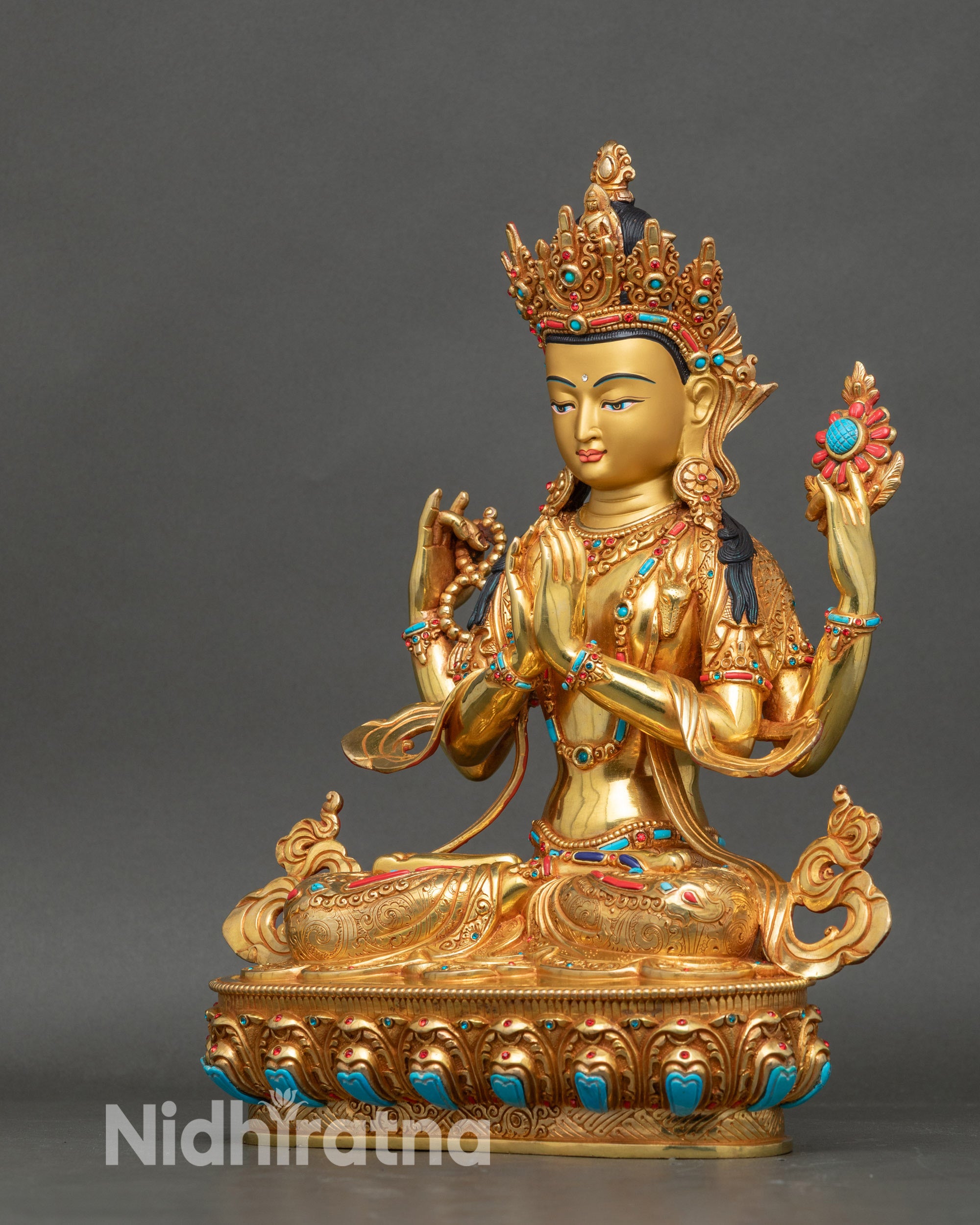 Himalayan Avalokiteshvara statue with semi-precious stone embellishments