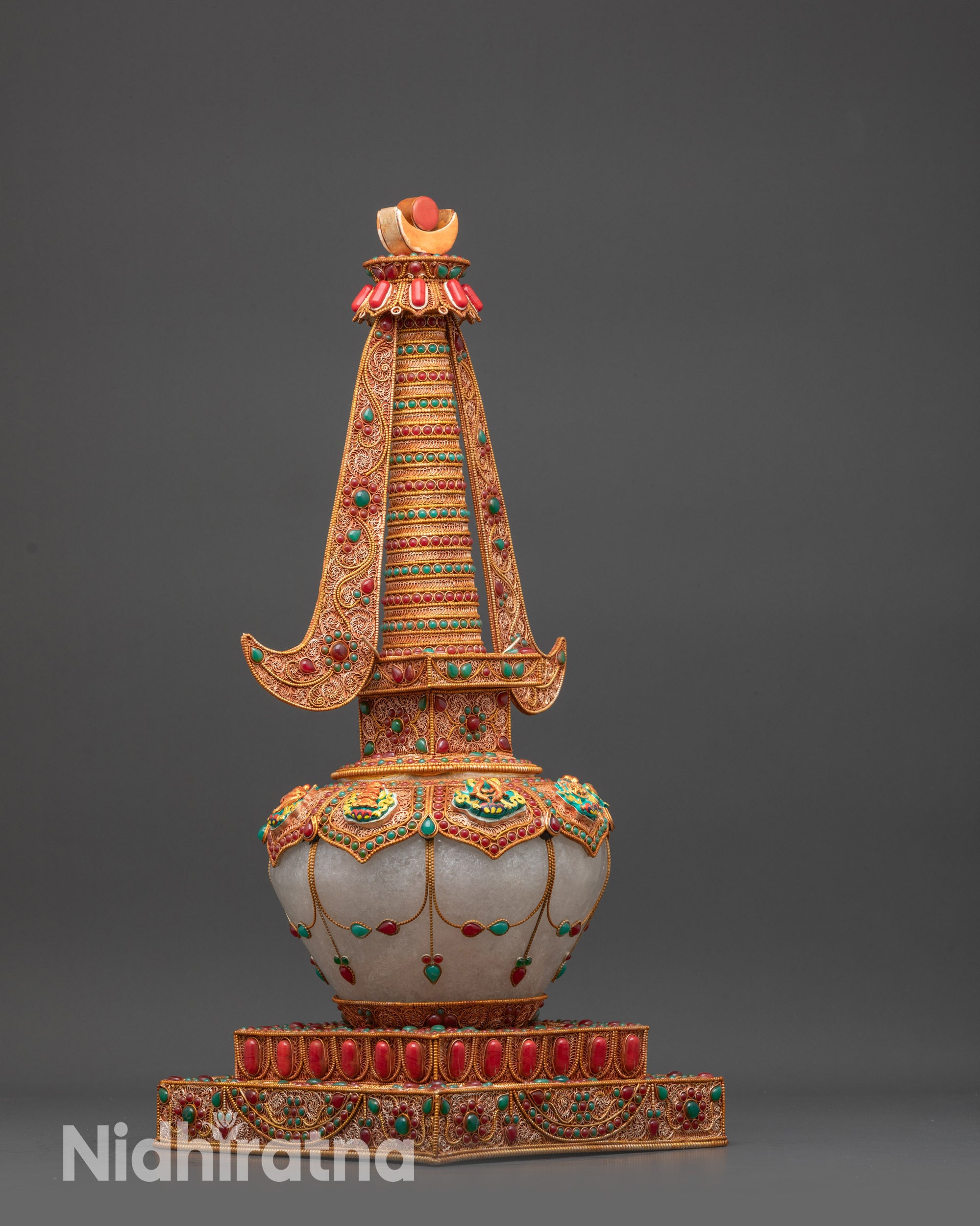 Himalayan Crafted Stupa Featuring Auspicious Symbols and Fine Details