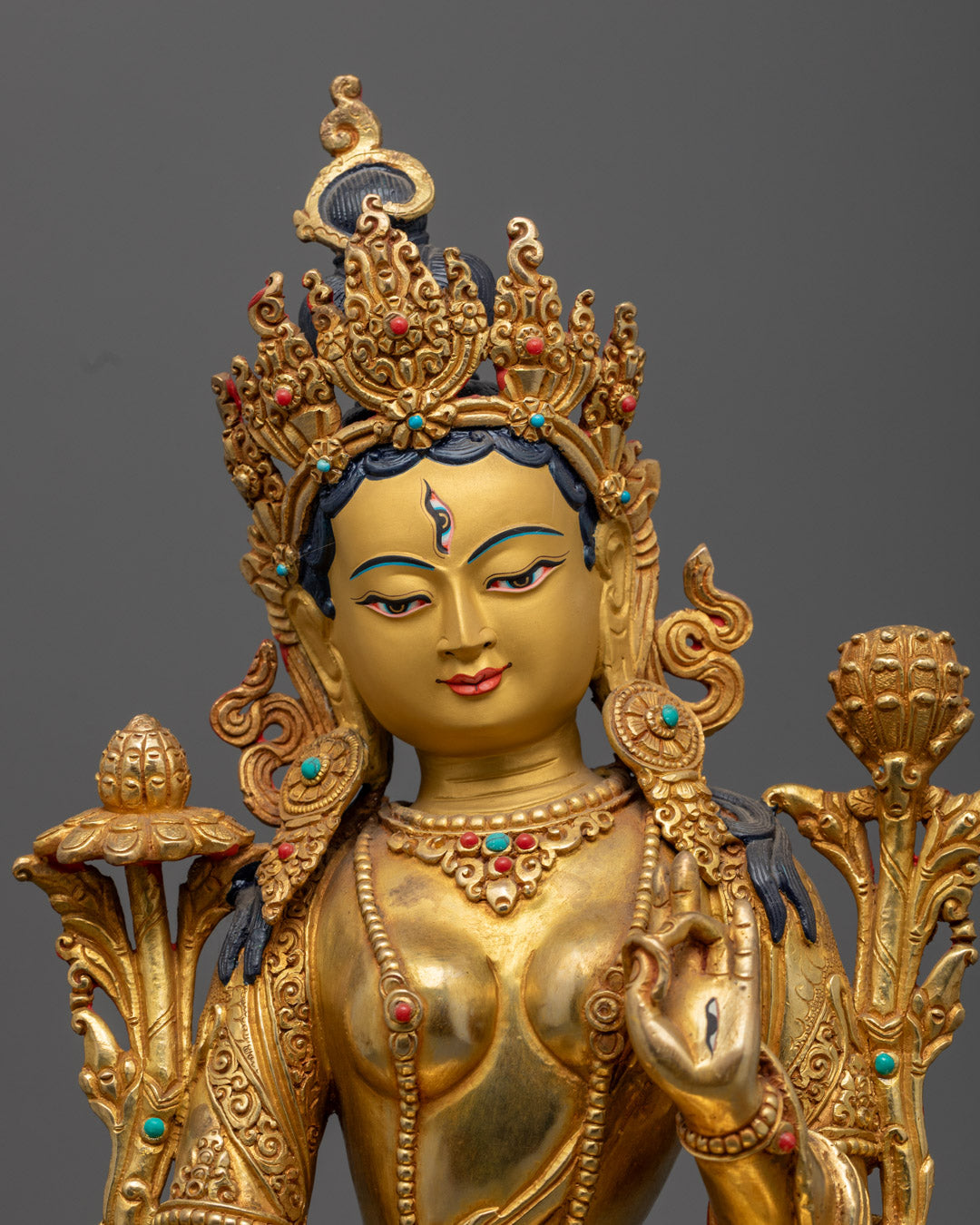 Himalayan White Tara statue showcasing intricate acrylic colors, seven wisdom eyes, and detailed robe work