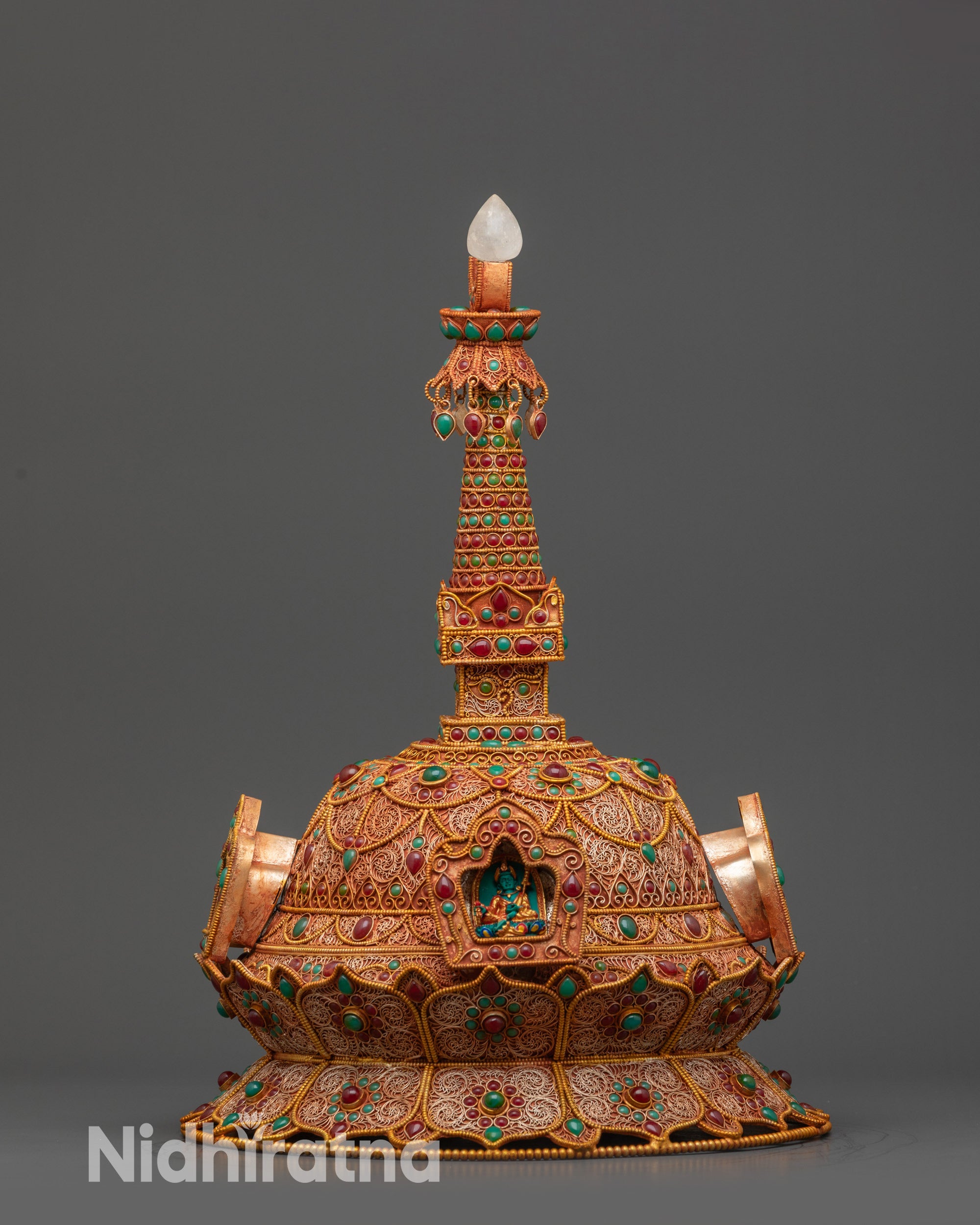 Himalayan gold and copper-plated Buddhist Stupa with emerald and ruby stones
