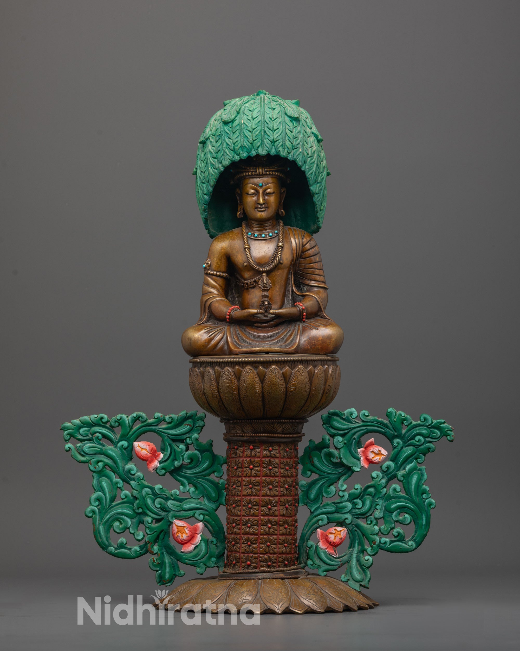 Japanese Mitrugpa statue front view with oxidized copper finish and intricate carvings