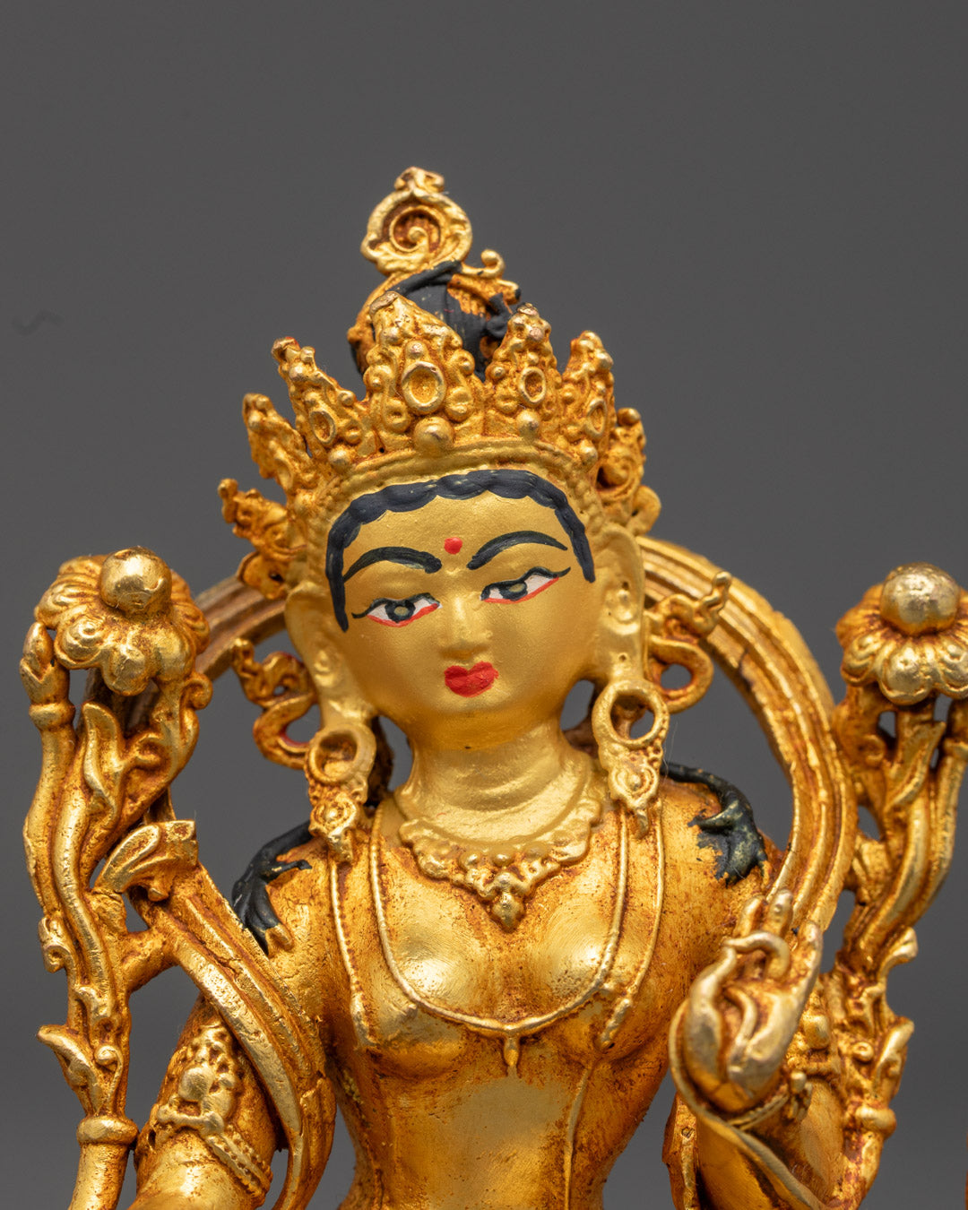 Jeweled Crown and Vibrant Acrylic Colors on Green Tara Buddhist Statue