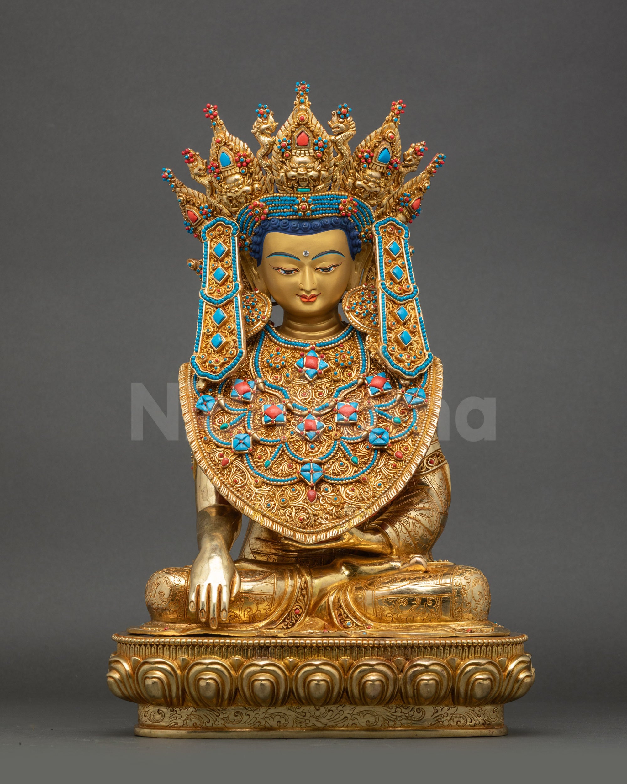 Front view of Jowo Shakyamuni Rinpoche Statue handcrafted in Nepal from copper with triple gold fire-gilding