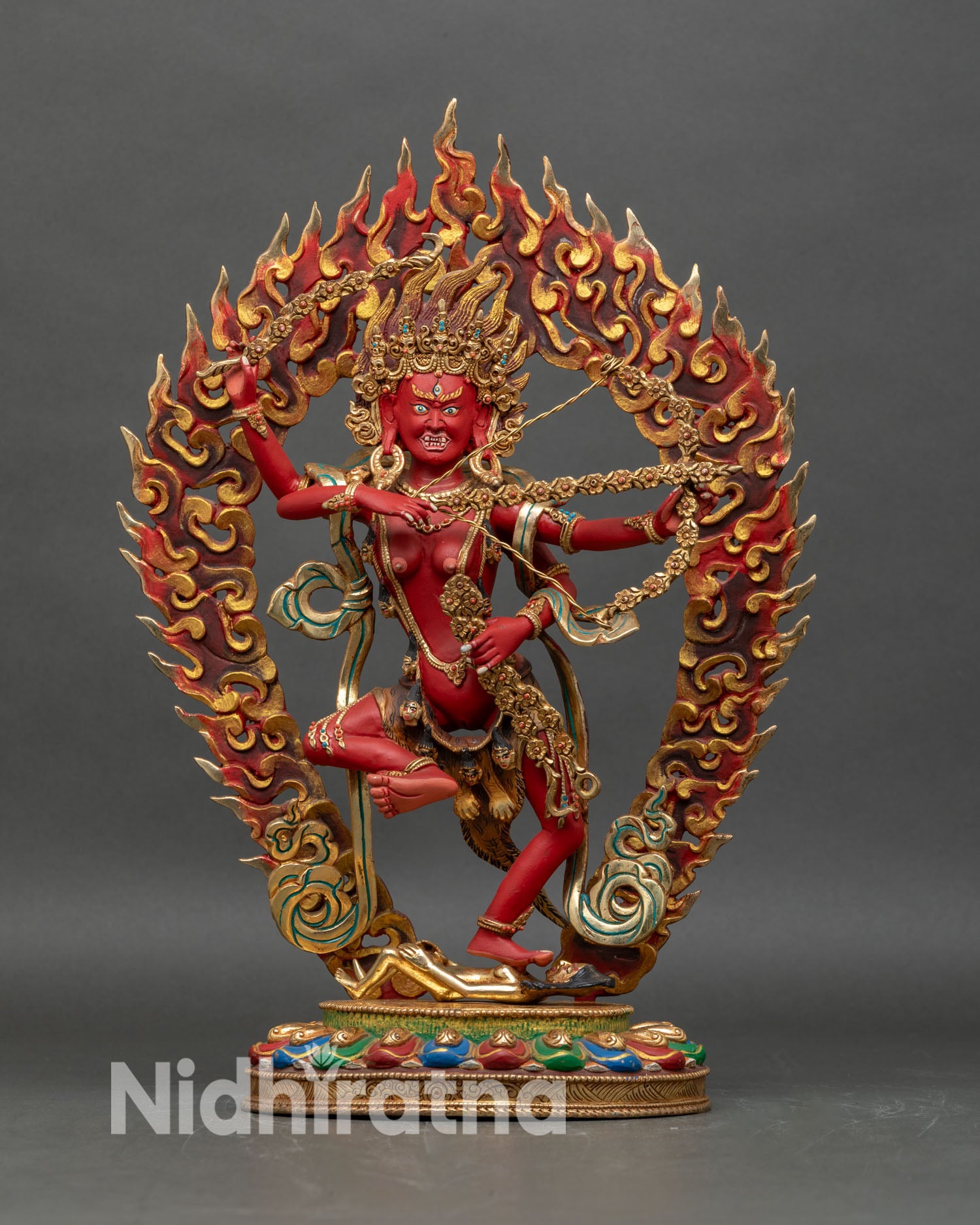 Front view of Kurukulla Statue handcrafted copper gold gilded Vajrayana dakini Nepal