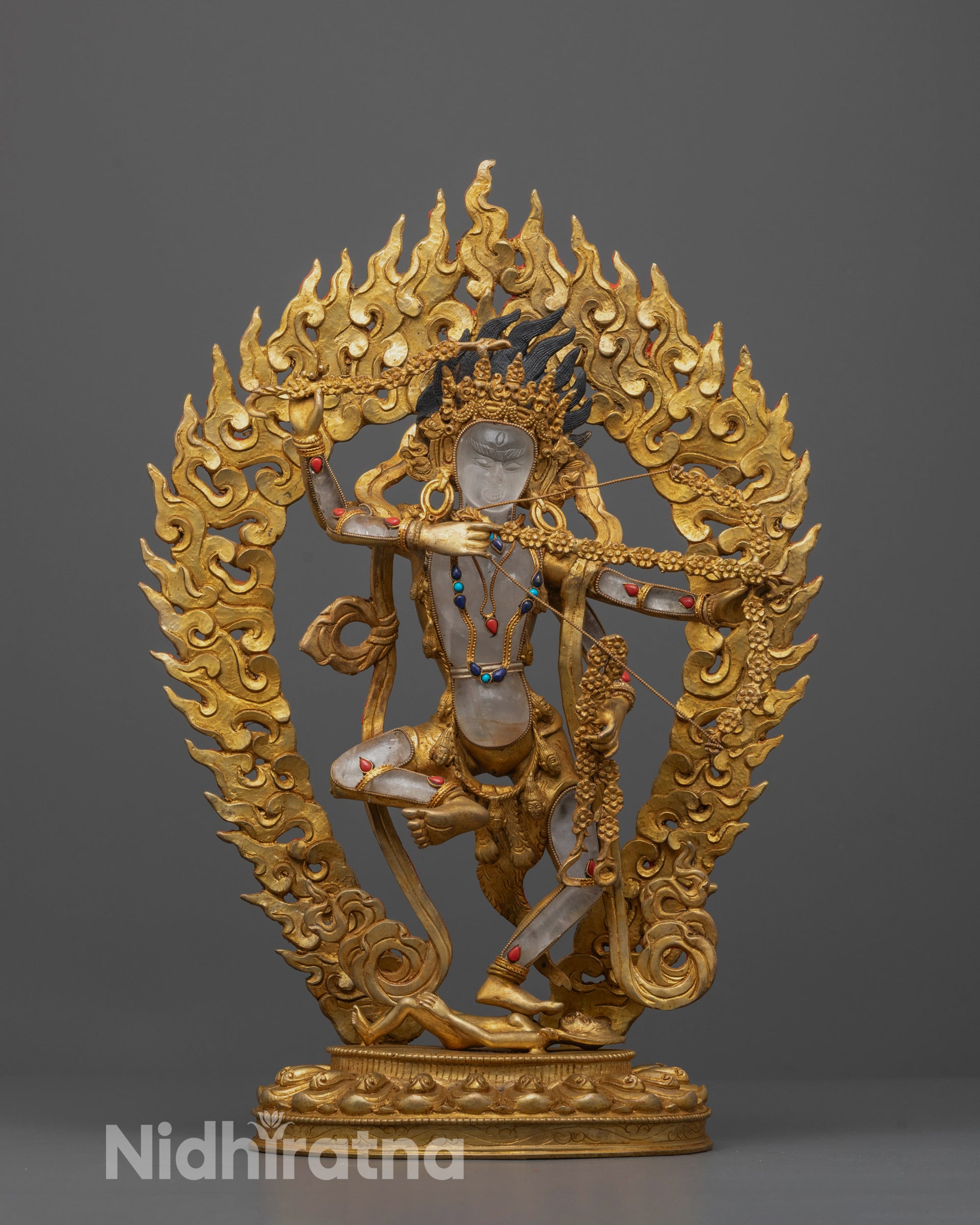 Front view of Kurukulla Statue | Hand-carved Kurukulla statue with 24k gold-plated copper
