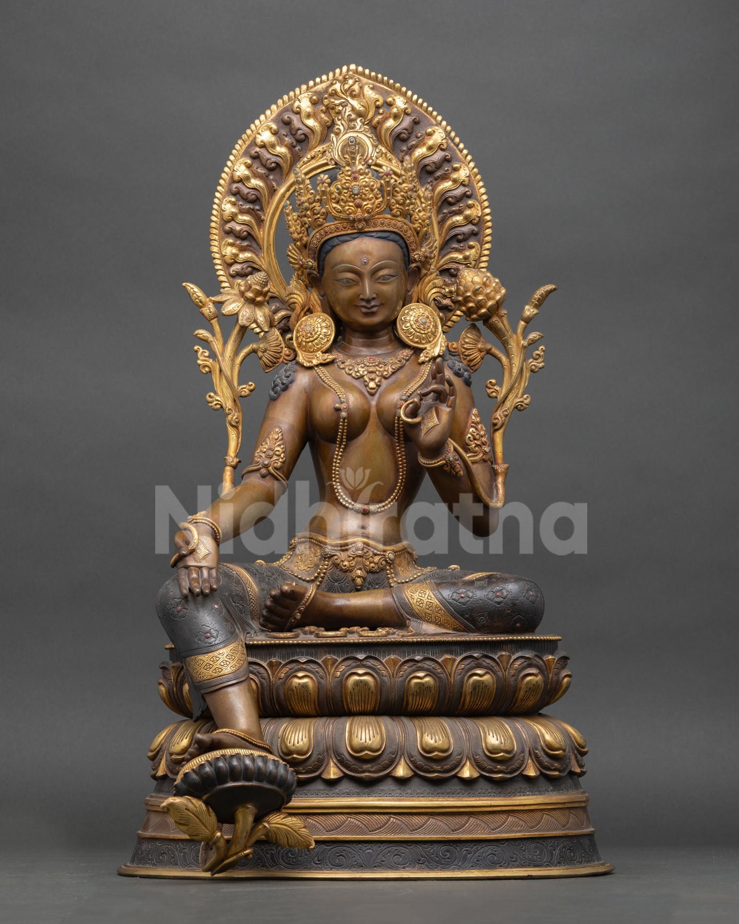Large Green Tara statue Nepal, copper gilded, lotus throne, royal ease posture