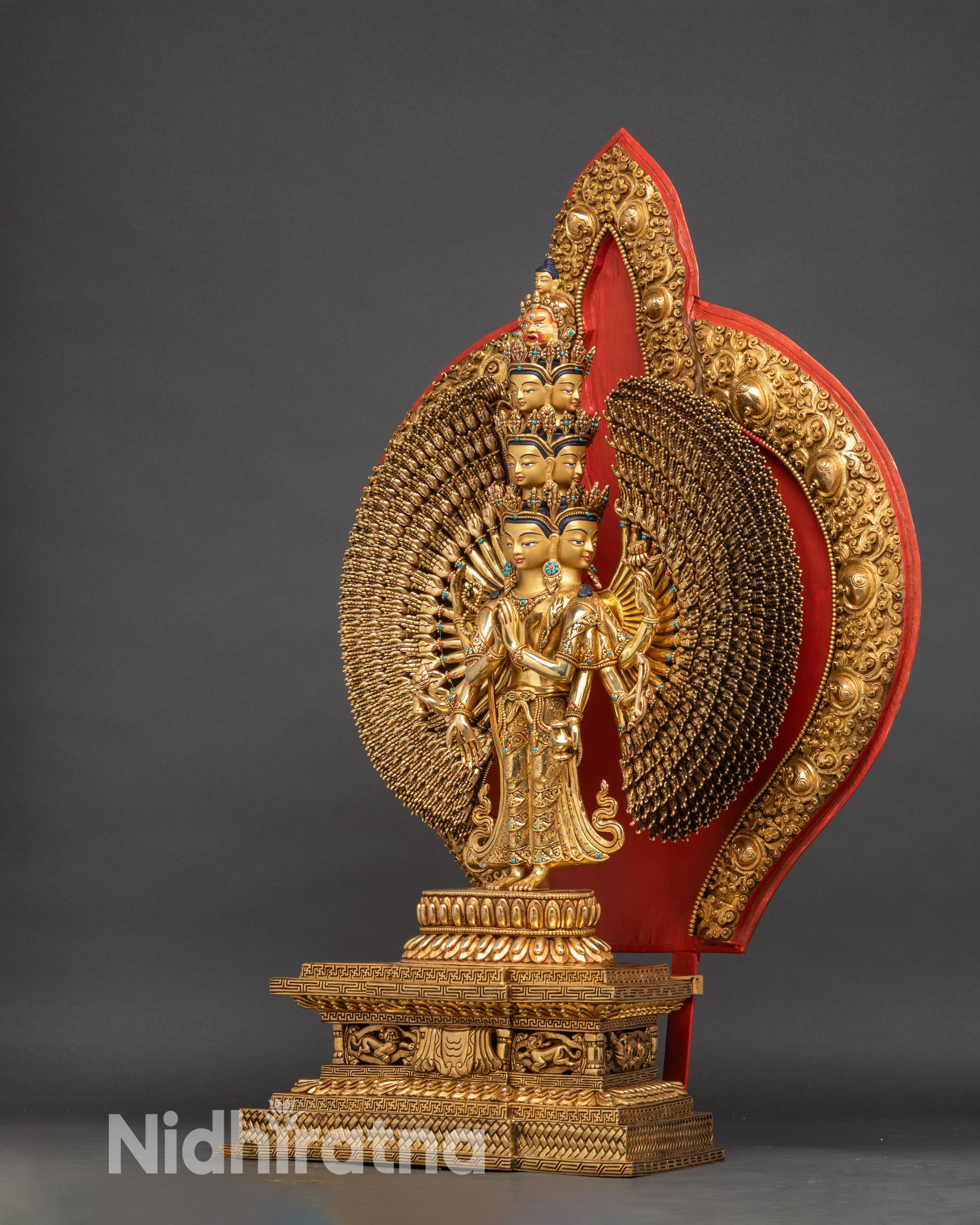 Left profile of 1000-Armed Chenrezig sculpture, Nepalese fire-gilded copper artwork for Buddhist altar and spiritual practice