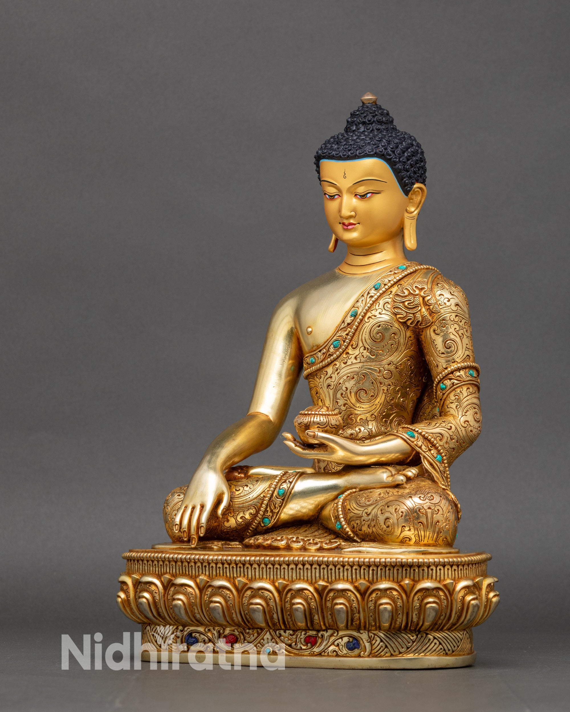 Left profile of Zen Buddha meditation statue with detailed copper craftsmanship