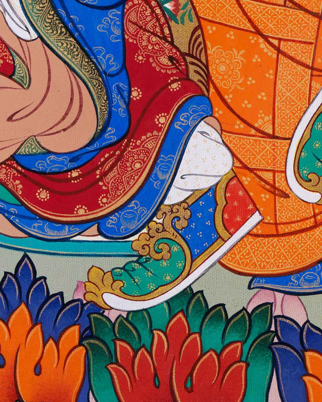 Left side angle showing Tirpatika robe and lotus throne in Guru Padmasambhava Thangka print