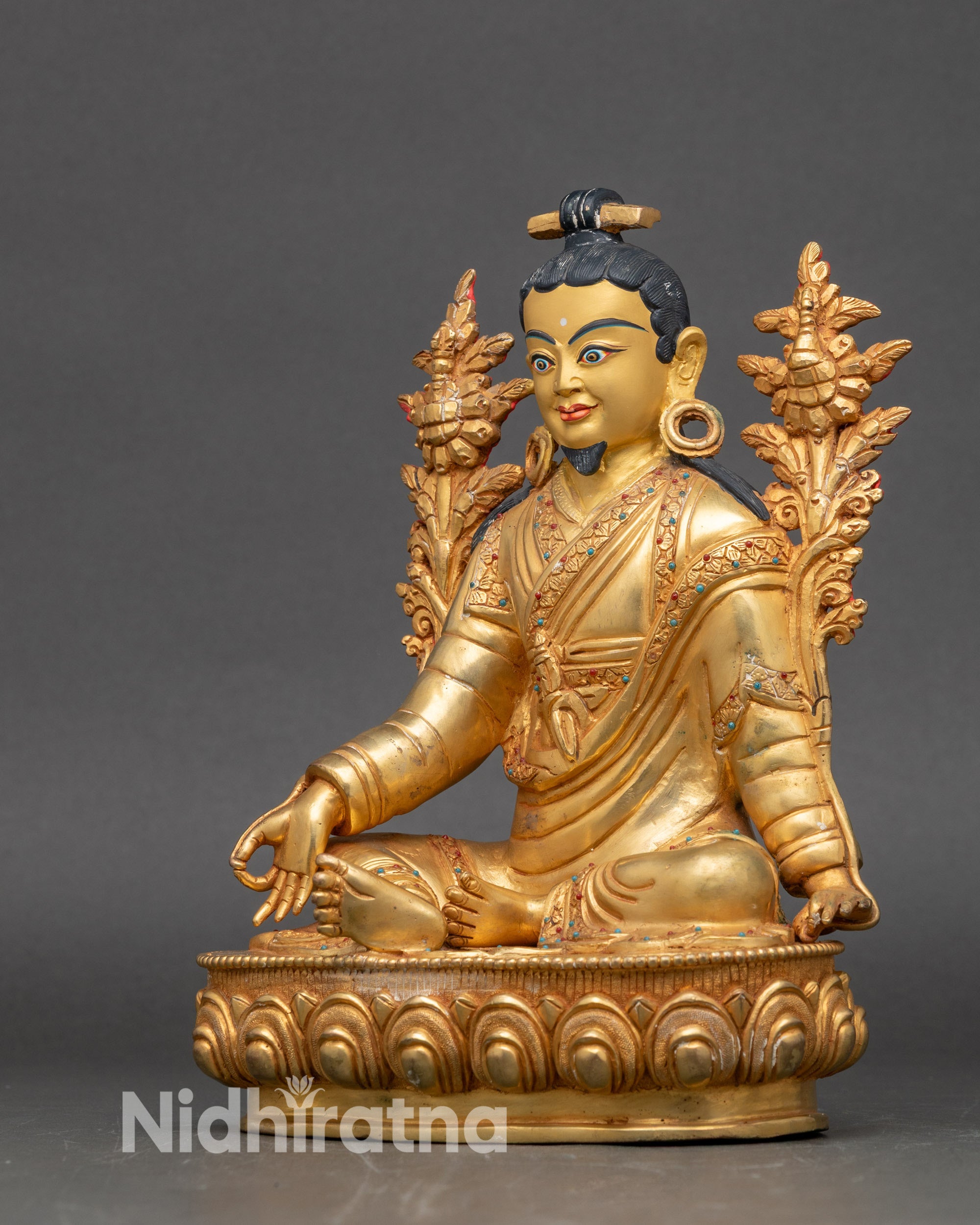 Left side view of Jigme Lingpa statue, gold-gilded copper and traditional embellishments