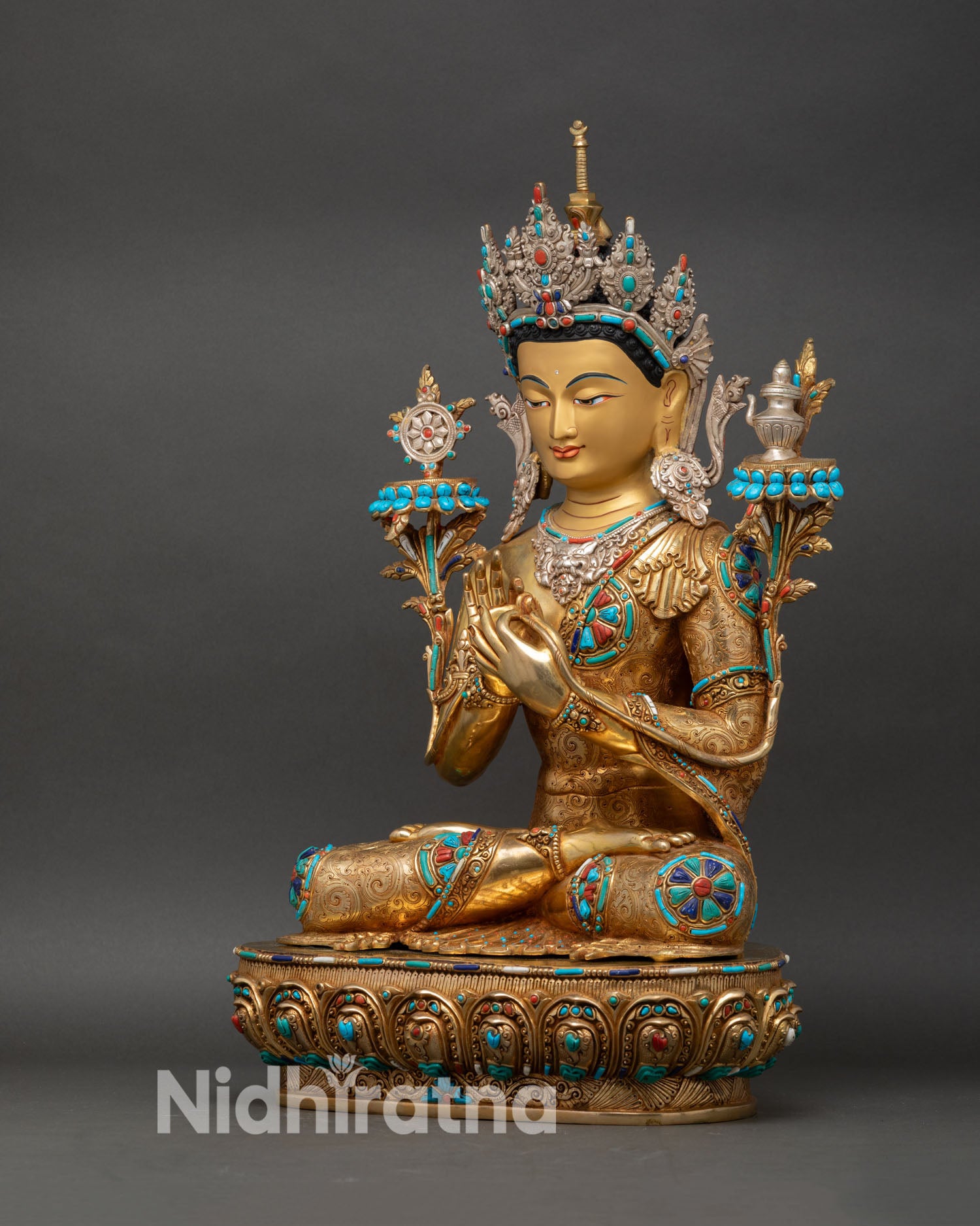 Left view Maitreya Buddha Statue, Nepalese copper artwork with gold finish and intricate detailing