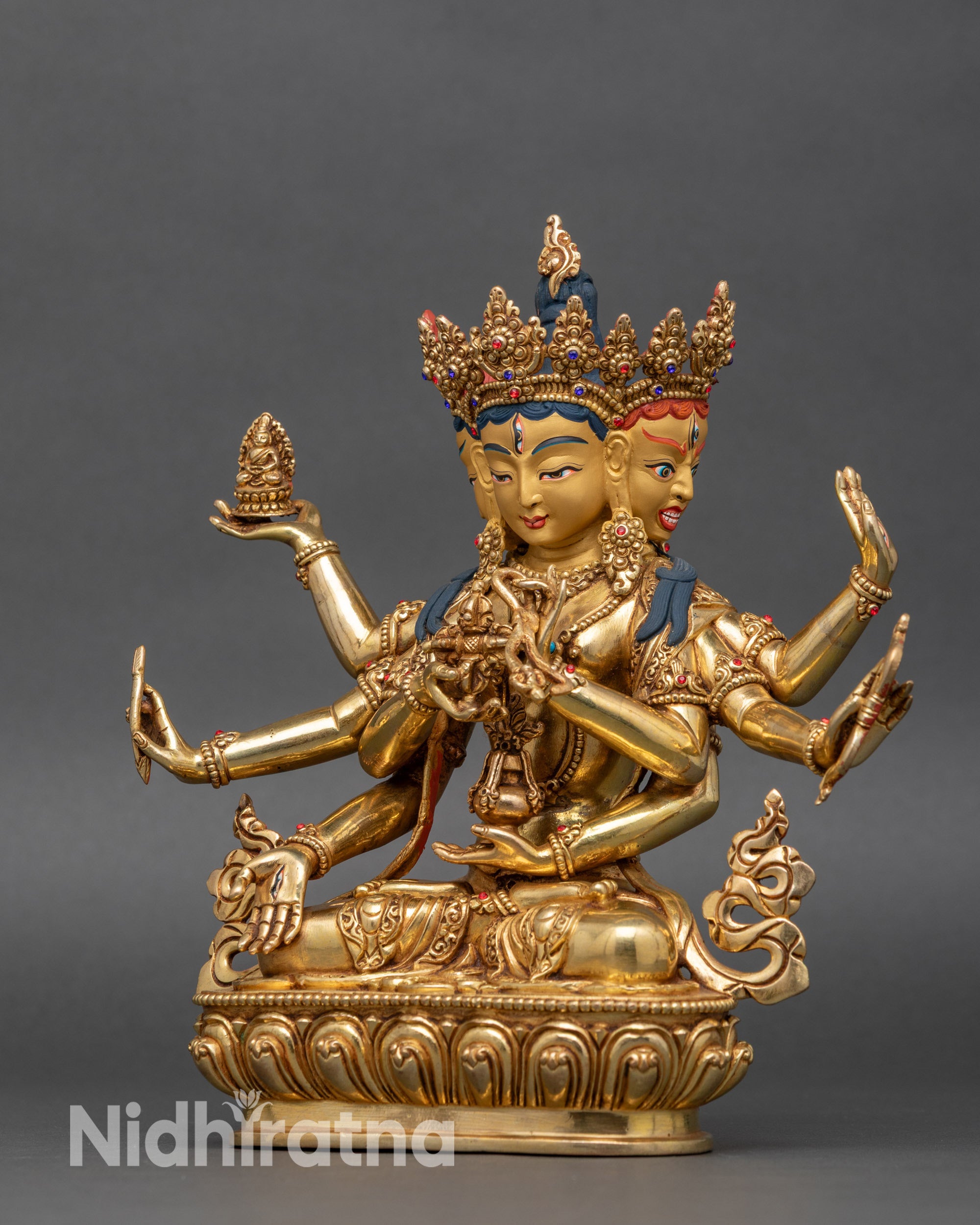 Left side view of Namgyalma statue, copper sculpture with gold gilding and carvings