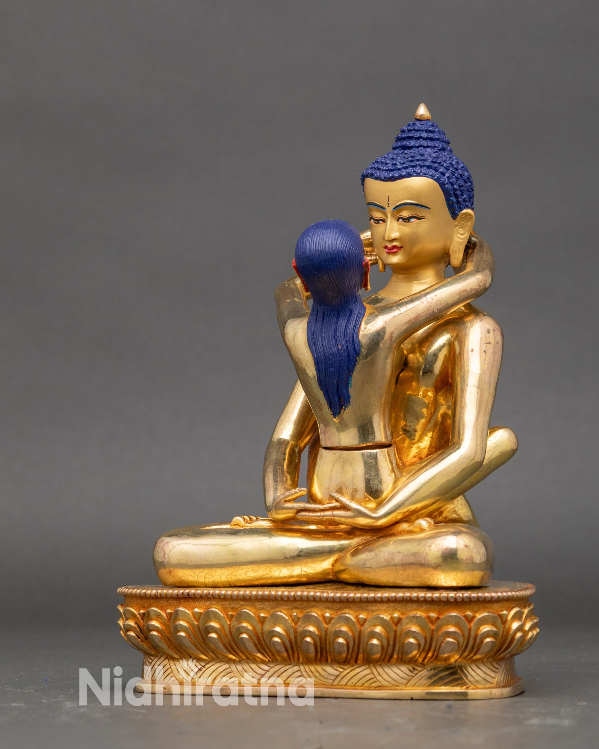 Left side view of Samantabhadra Yab-Yum Statue, copper and gold Tibetan artwork