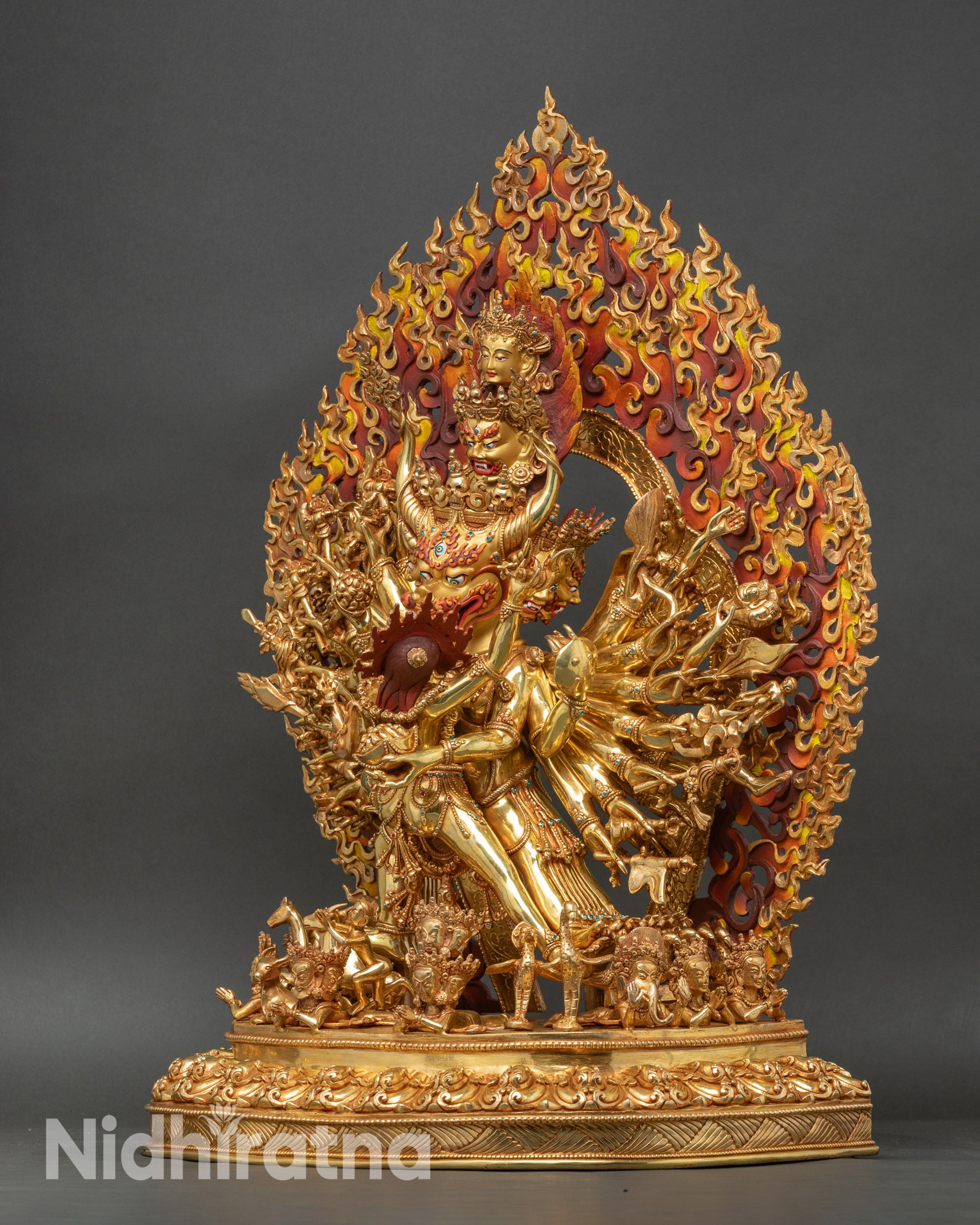 Left side view of Vajrabhairava Yamantaka statue in consort with detailed jewelry
