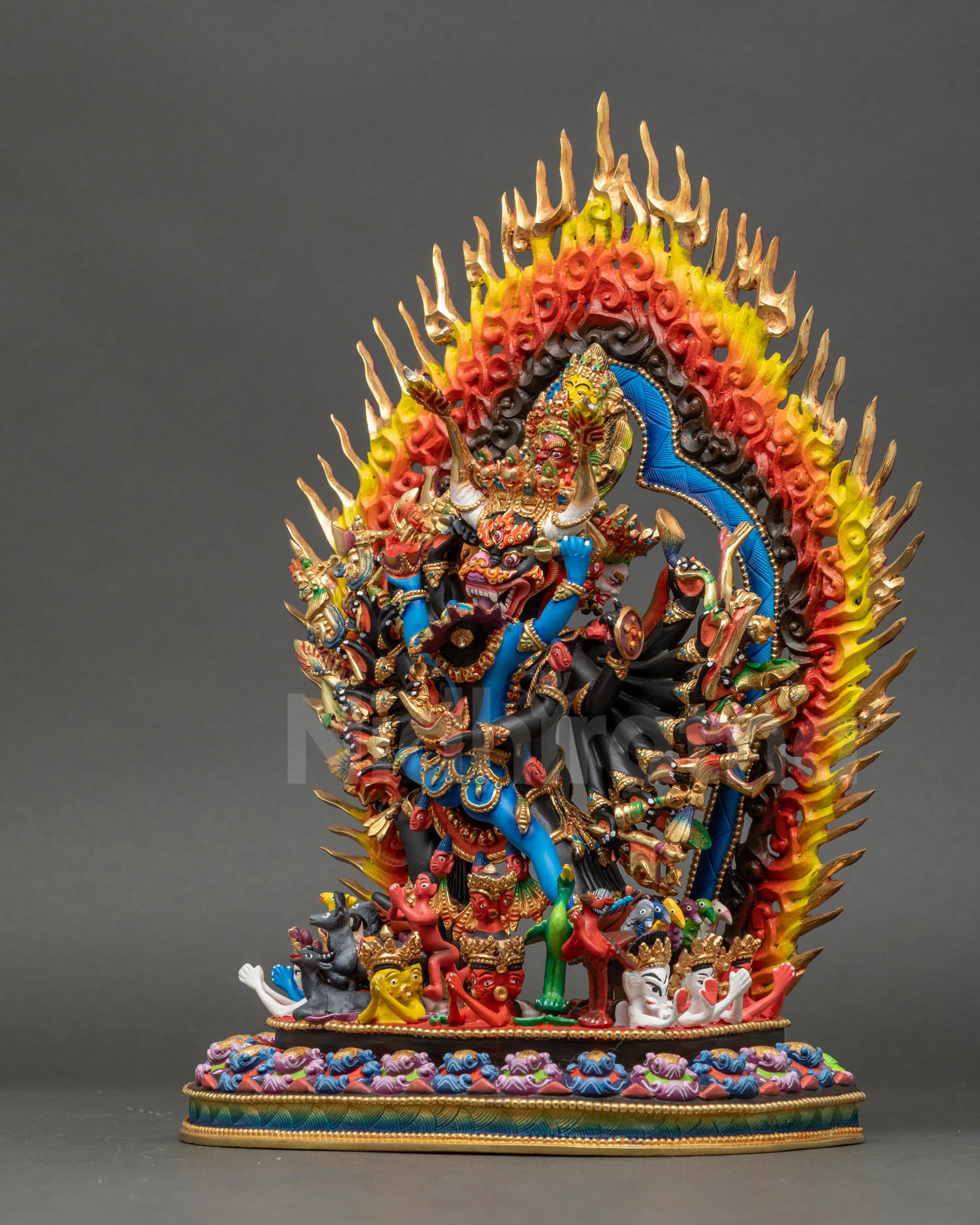 Left side view of Yamantaka statue, fire-gilded Buddhist deity sculpture