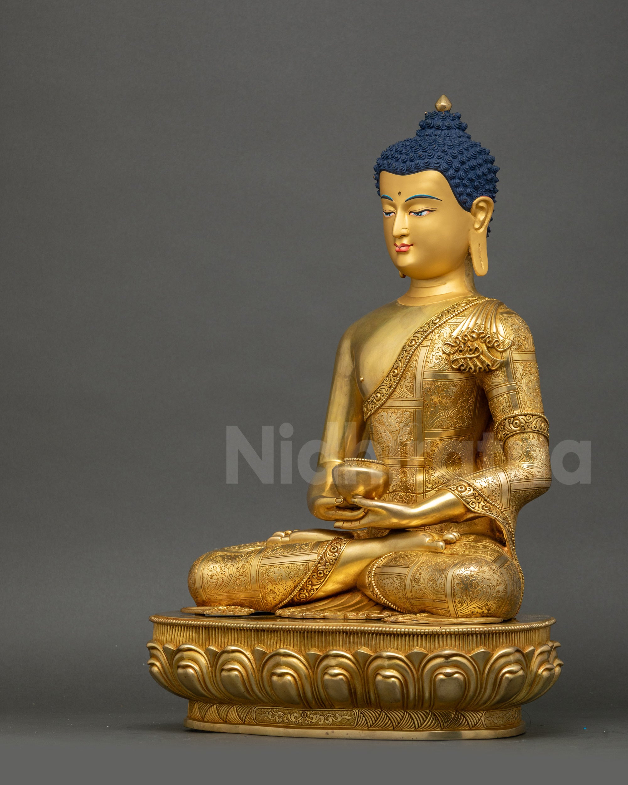 Left view side Amitabha Buddha Statue left profile gold-gilded copper intricate design