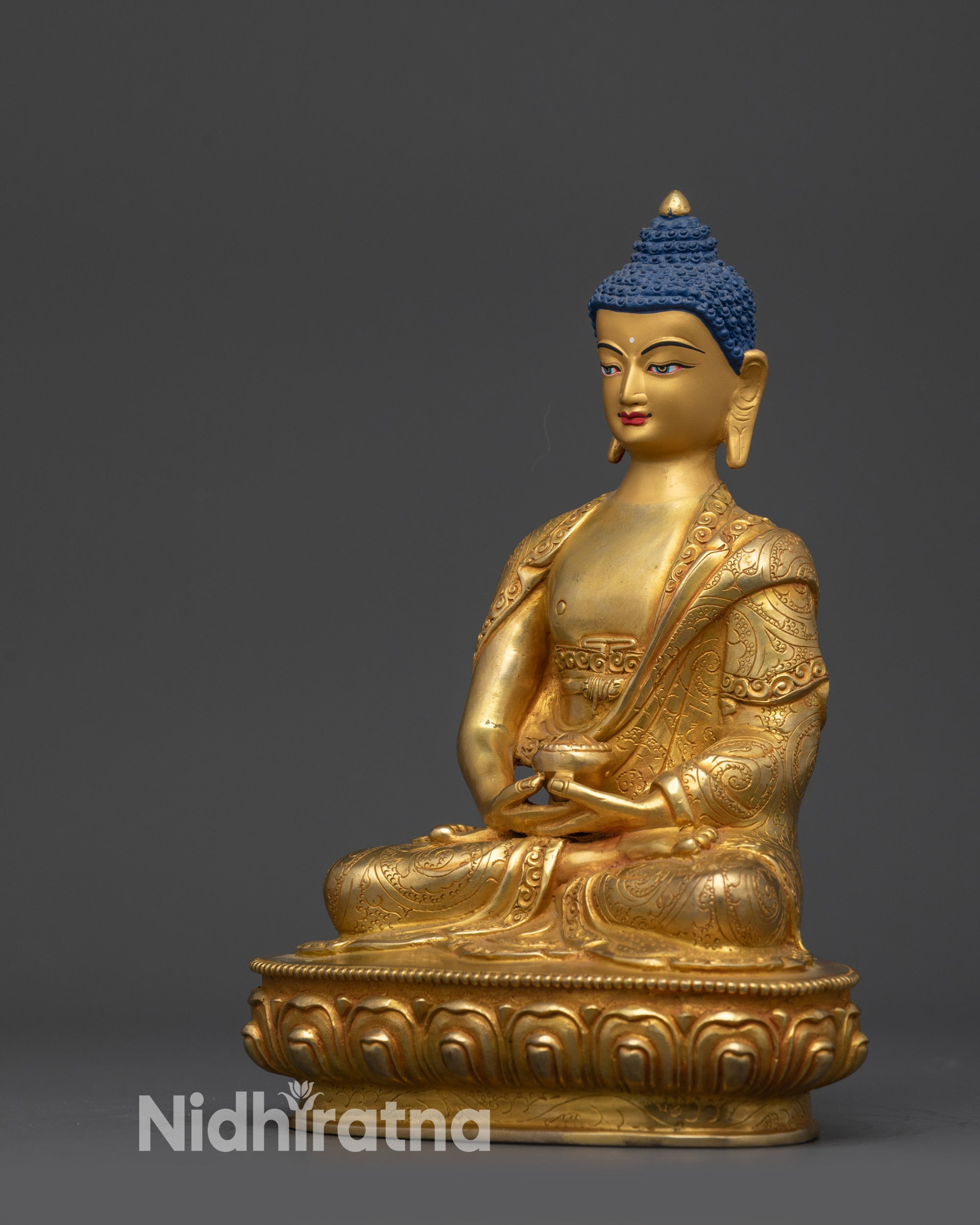 Left view side Amitabha Buddha statue in lotus pose with layered garment patterns