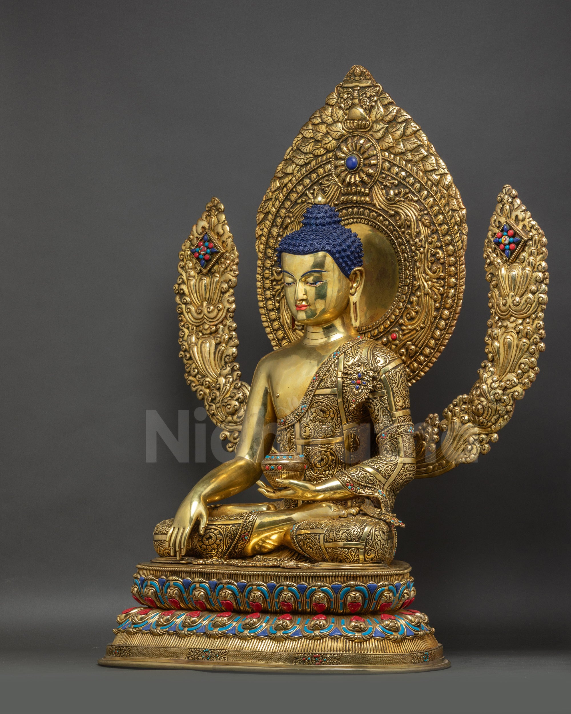 Left view side Buddha Shakyamuni Statue with carved floral robe and intricate halo details