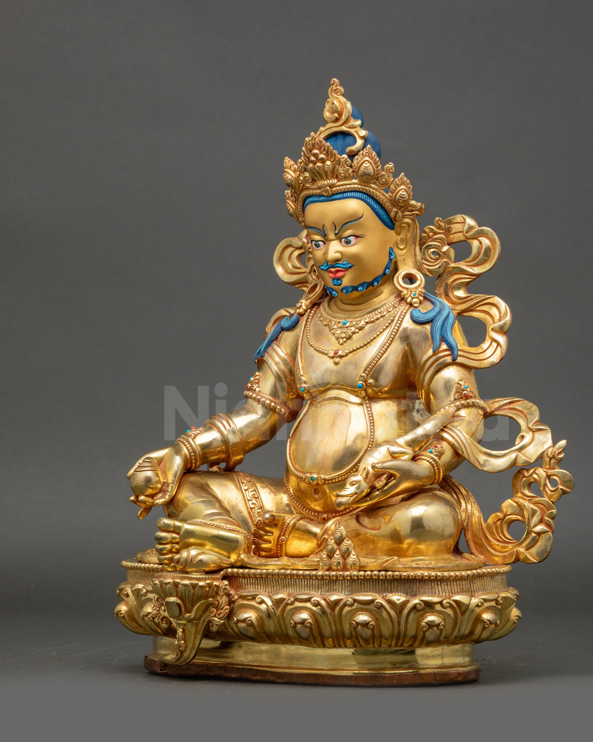 Left view side Dzambhala God of Wealth statue with carved garments and textures